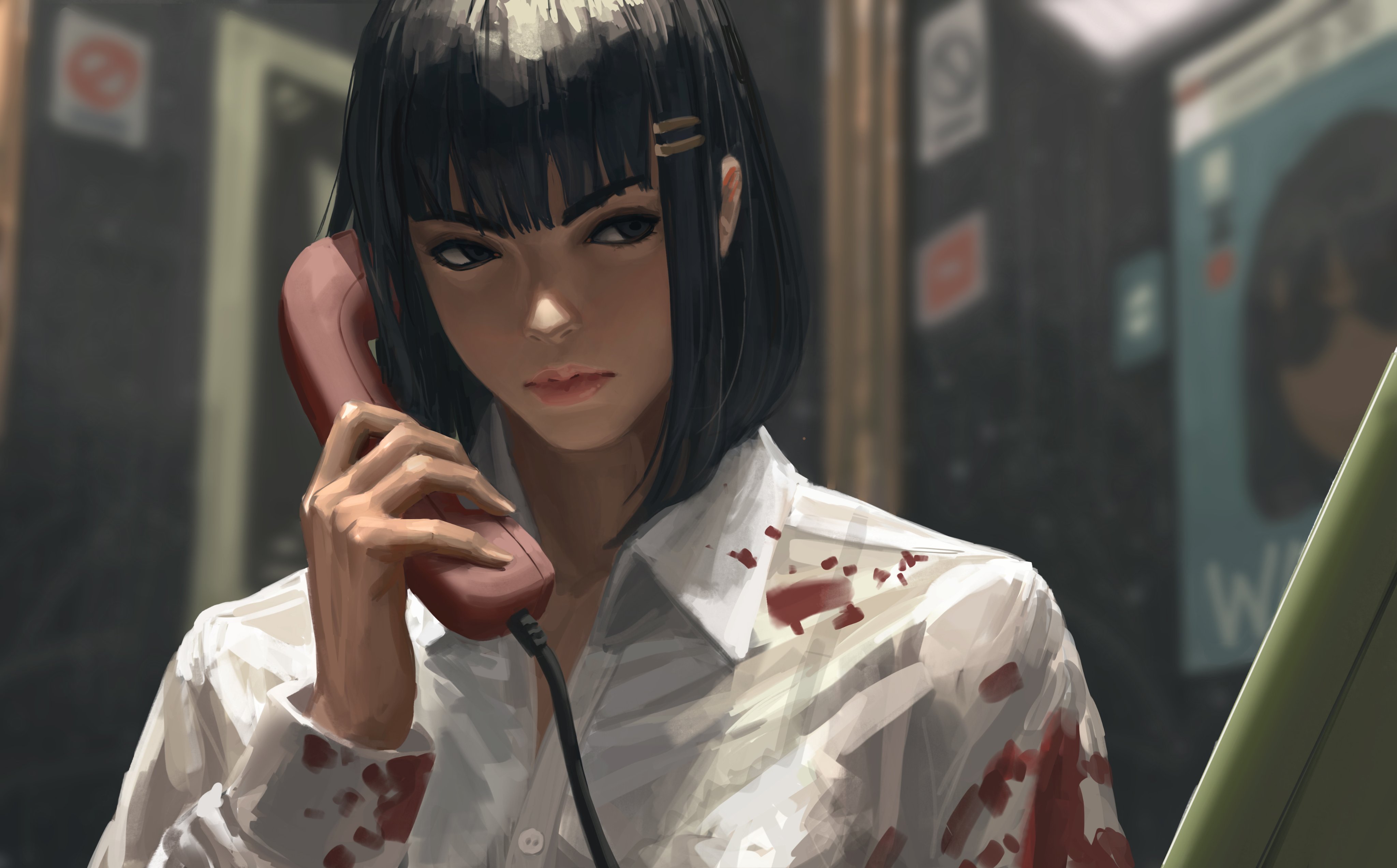 Girl with blood-stained shirt on the phone HD Wallpaper