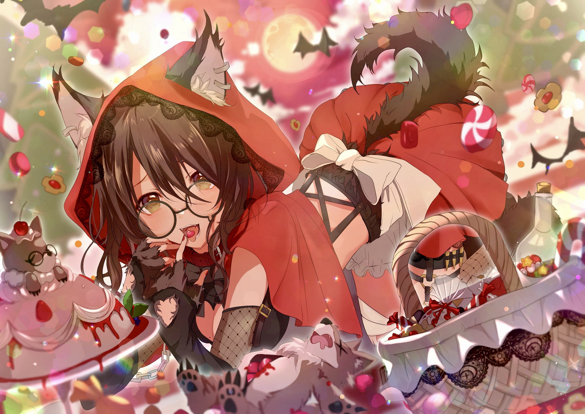 Anime girl with wolf ears in Little Red Riding Hood costume HD Wallpaper