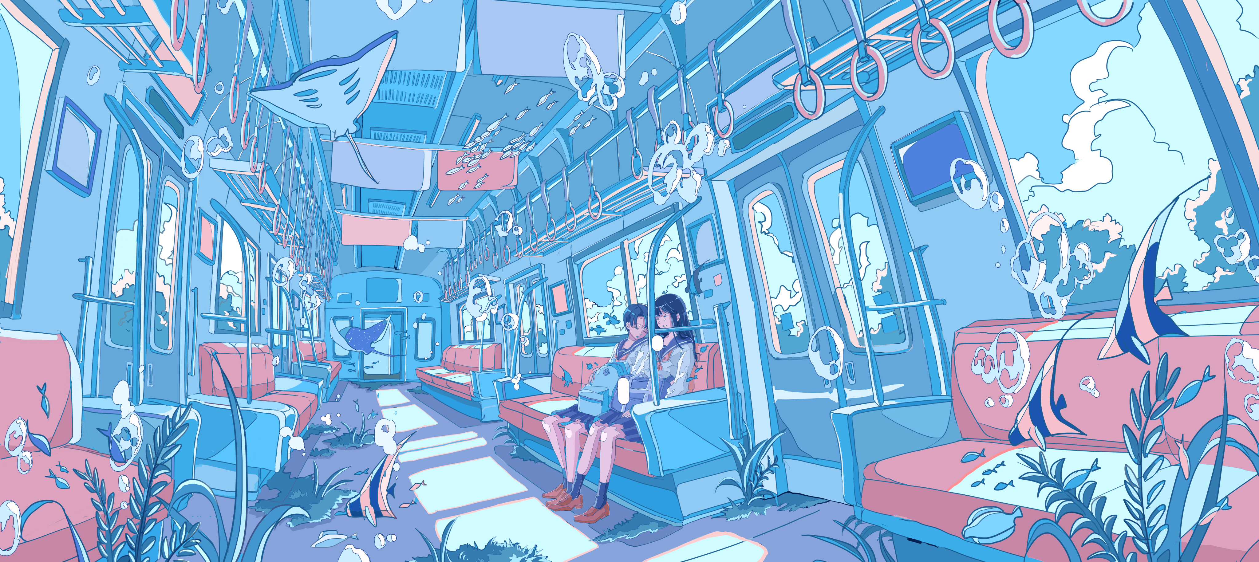 Underwater Train with Fish and Stingray HD Wallpaper