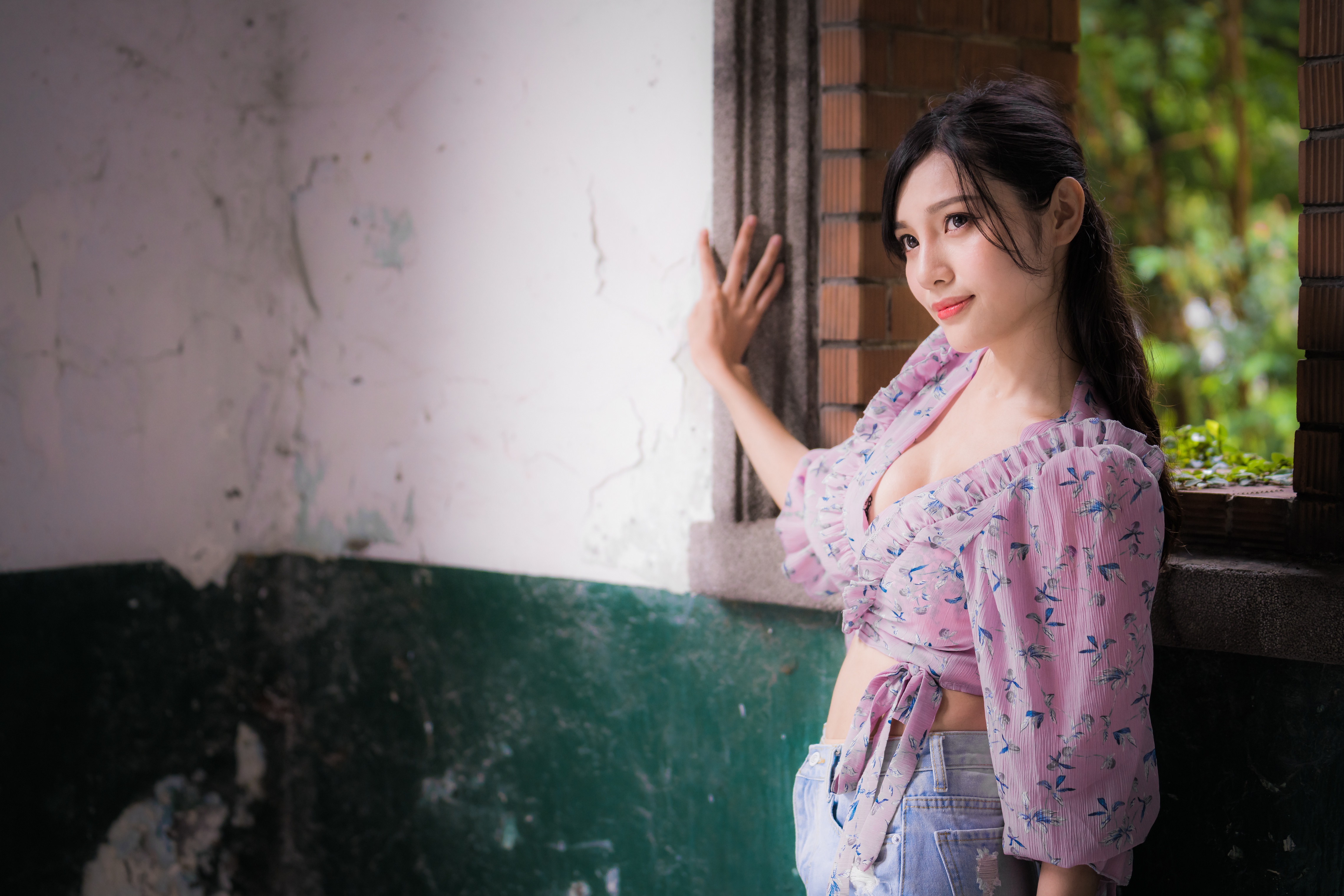 Asian woman with black hair in a pink floral top HD Wallpaper