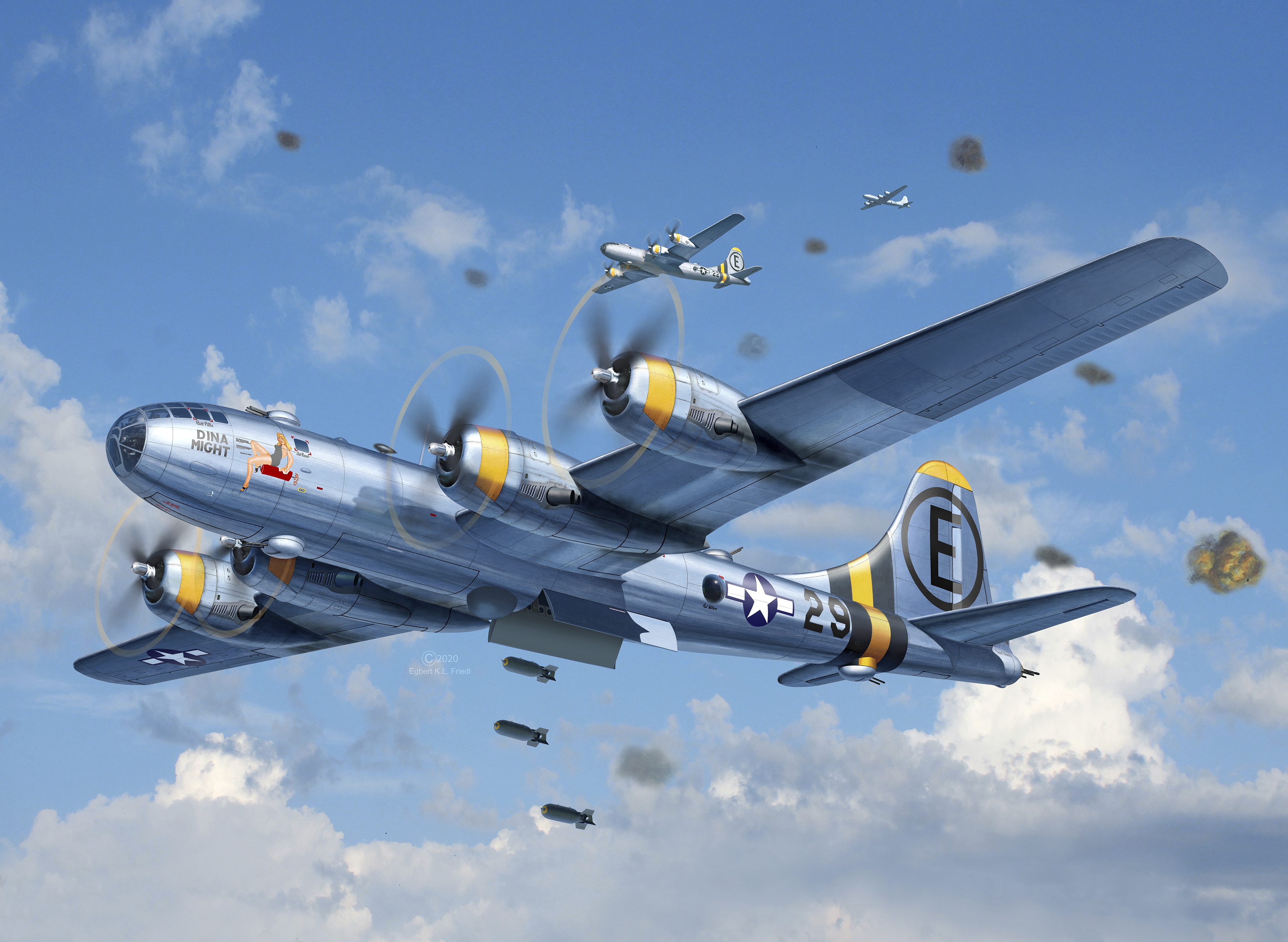 Boeing B-29 Superfortress bomber dropping bombs HD Wallpaper