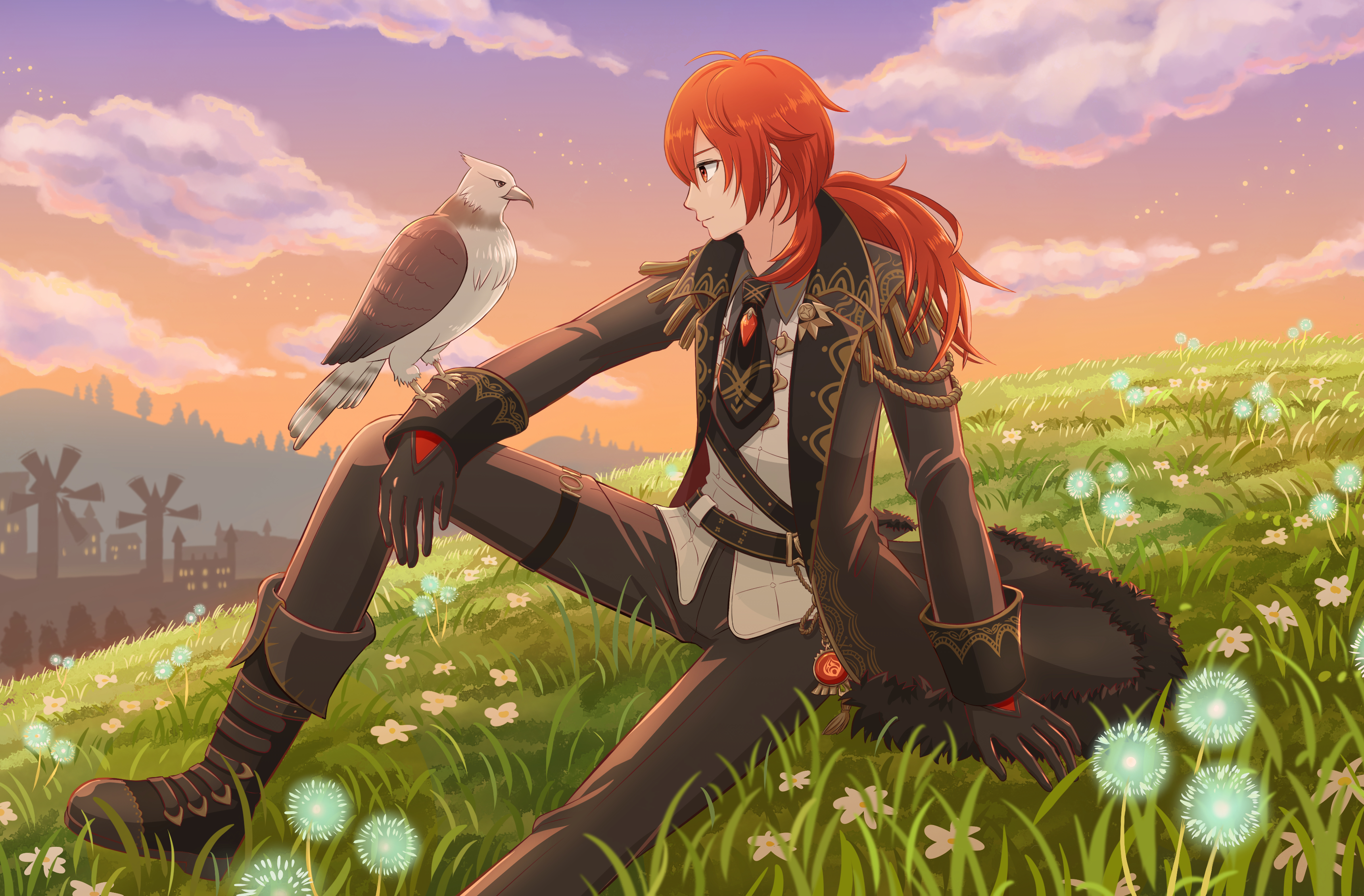 Diluc from Genshin Impact with a bird HD Wallpaper