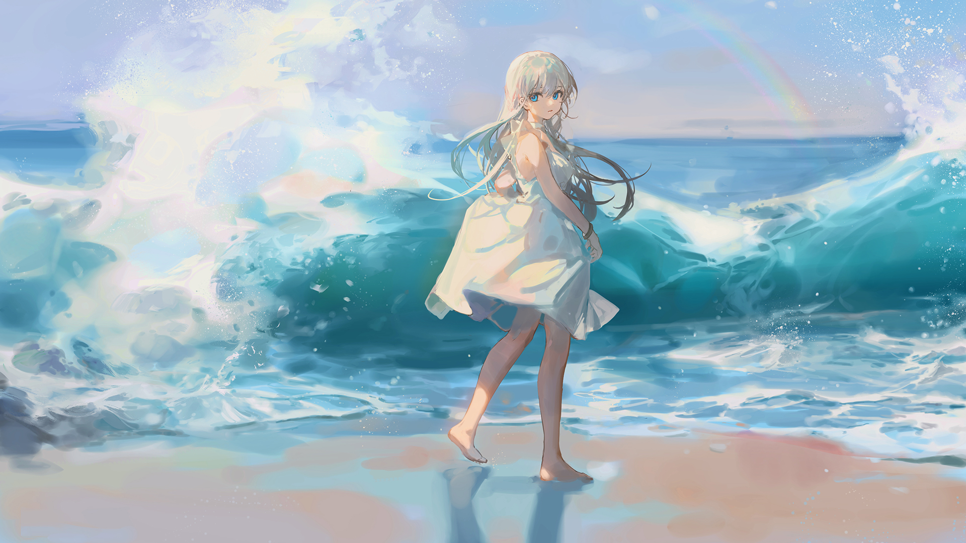 Girl with white hair and dress on a beach with waves HD Wallpaper