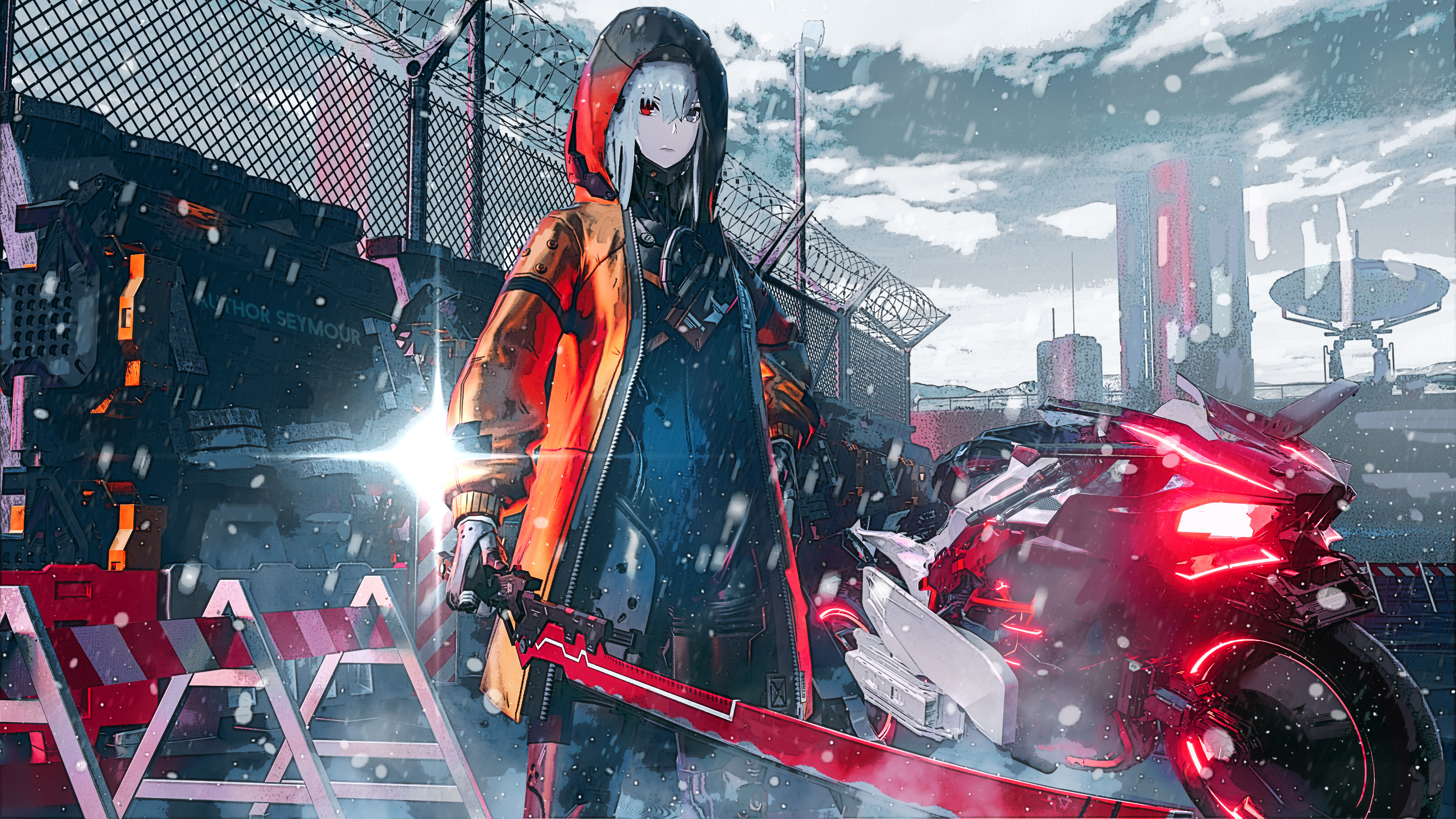 Woman warrior with sword and motorcycle in snowy city HD Wallpaper