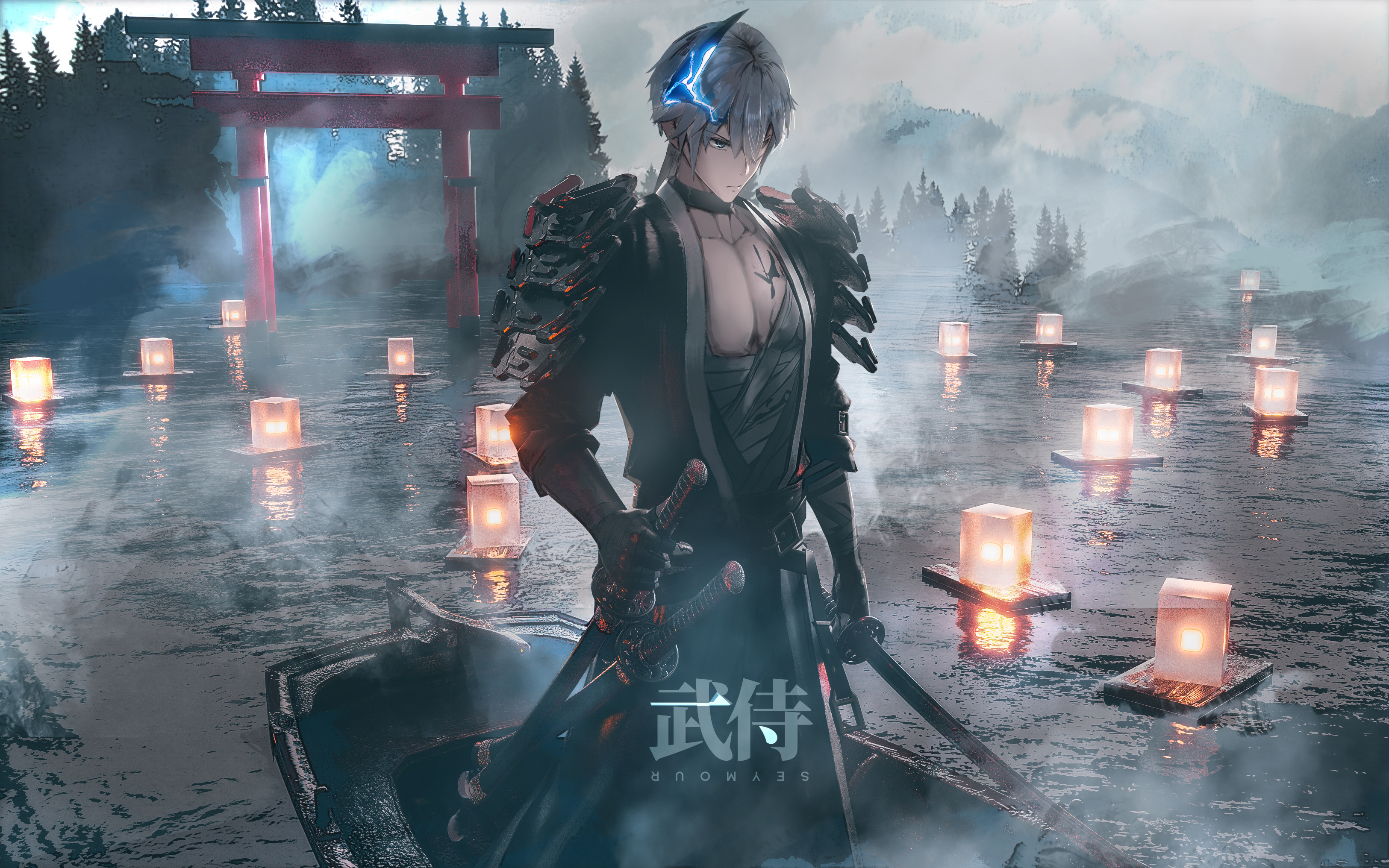 Samurai with swords and lanterns on water HD Wallpaper