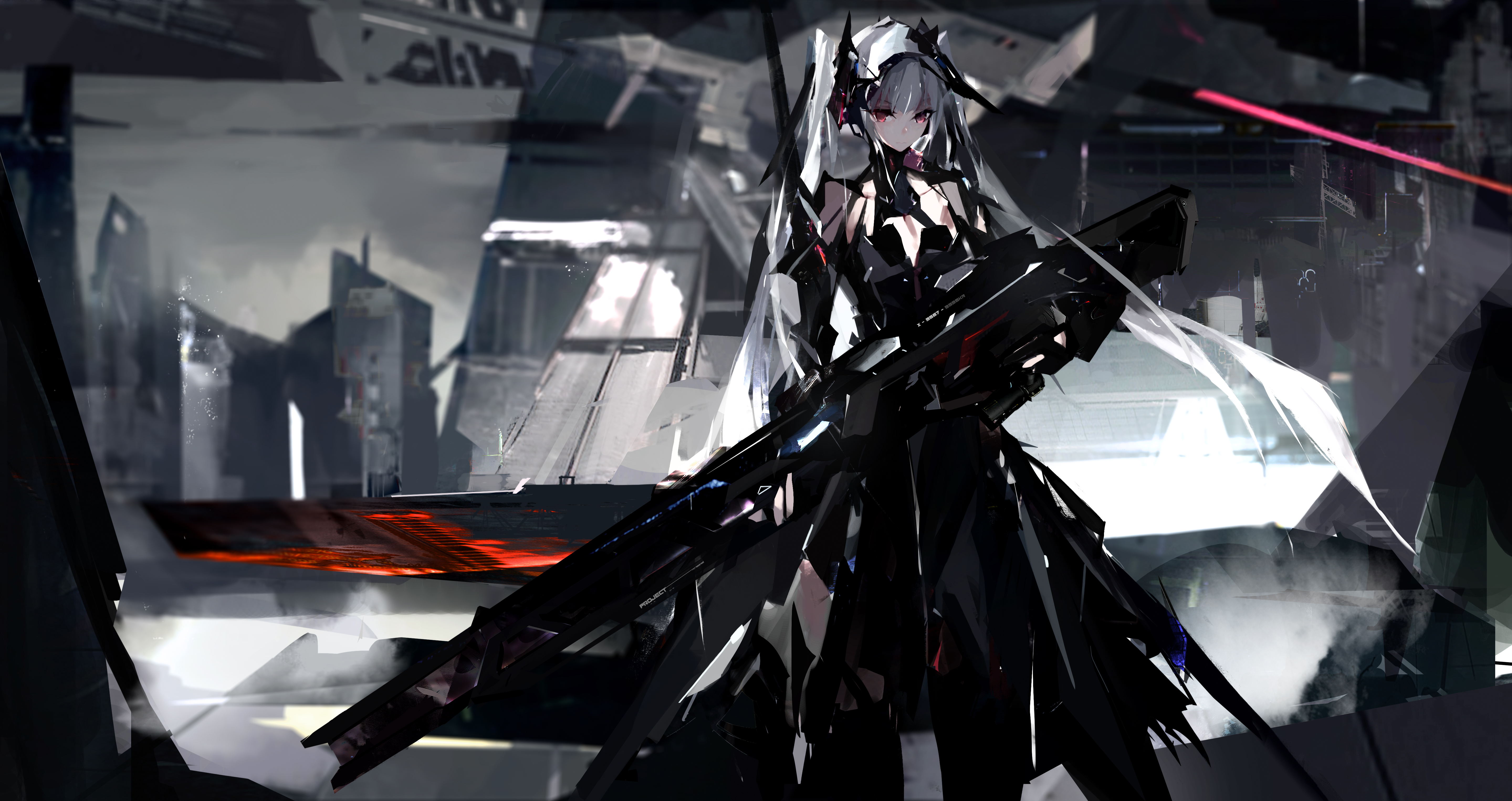 Girl with a large rifle in a futuristic city HD Wallpaper
