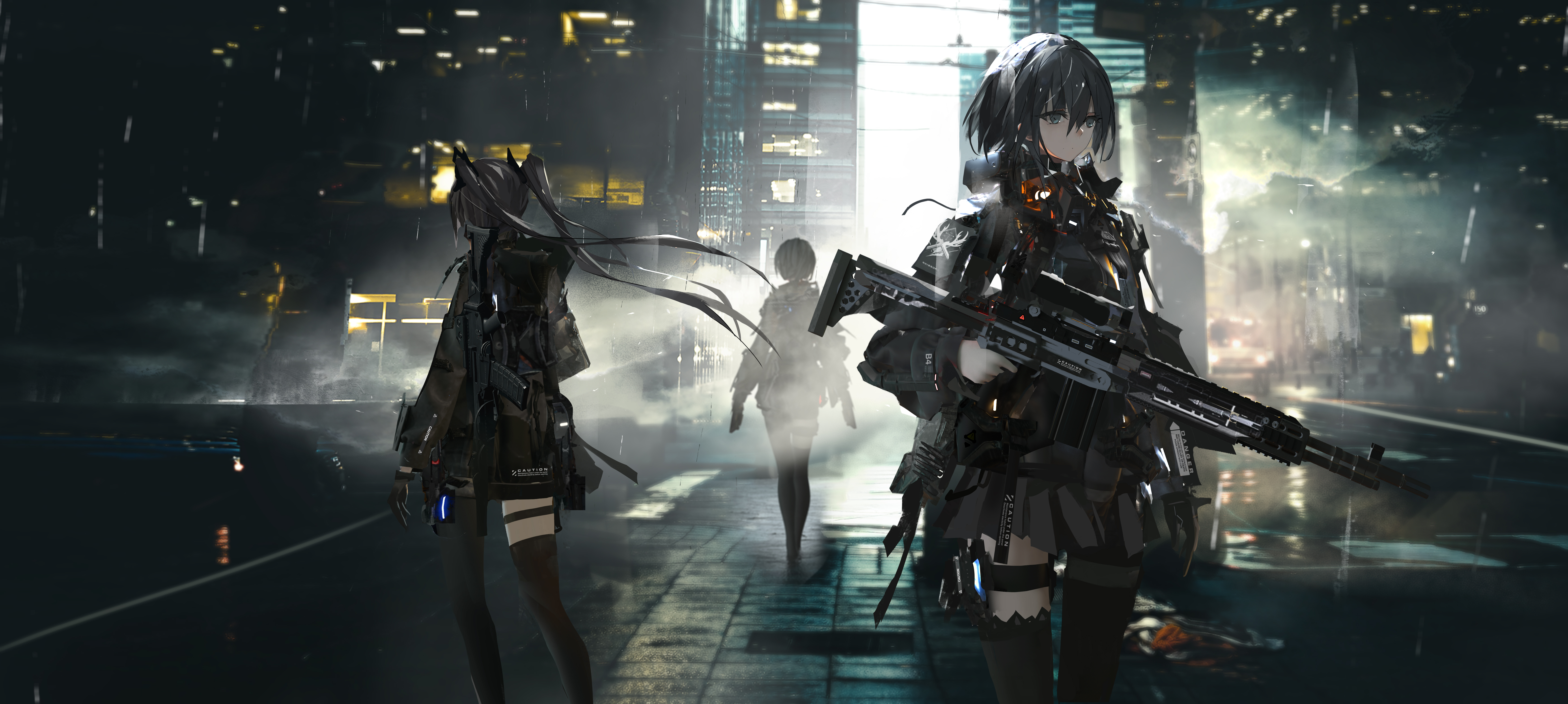 Anime girls with guns in futuristic city 4K HD Wallpaper