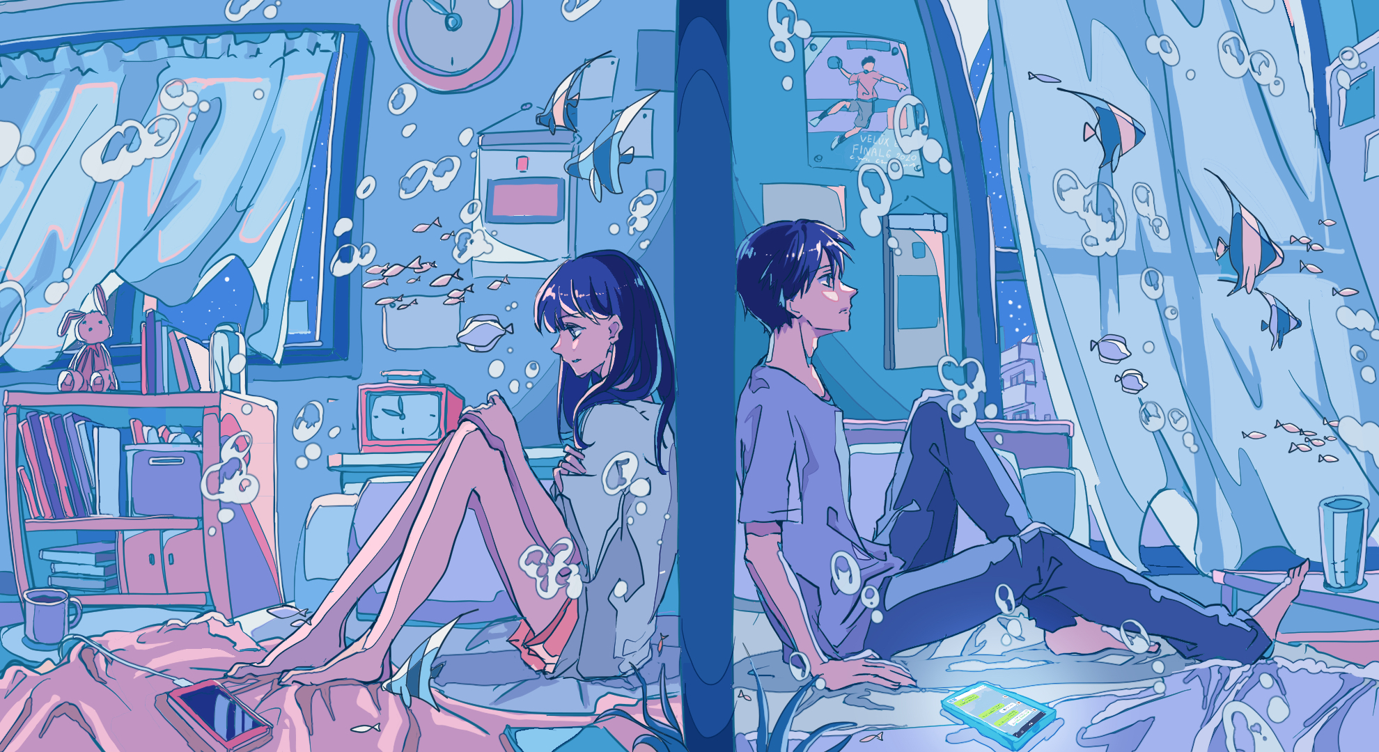 Anime couple sitting in separate rooms with fish tanks HD Wallpaper
