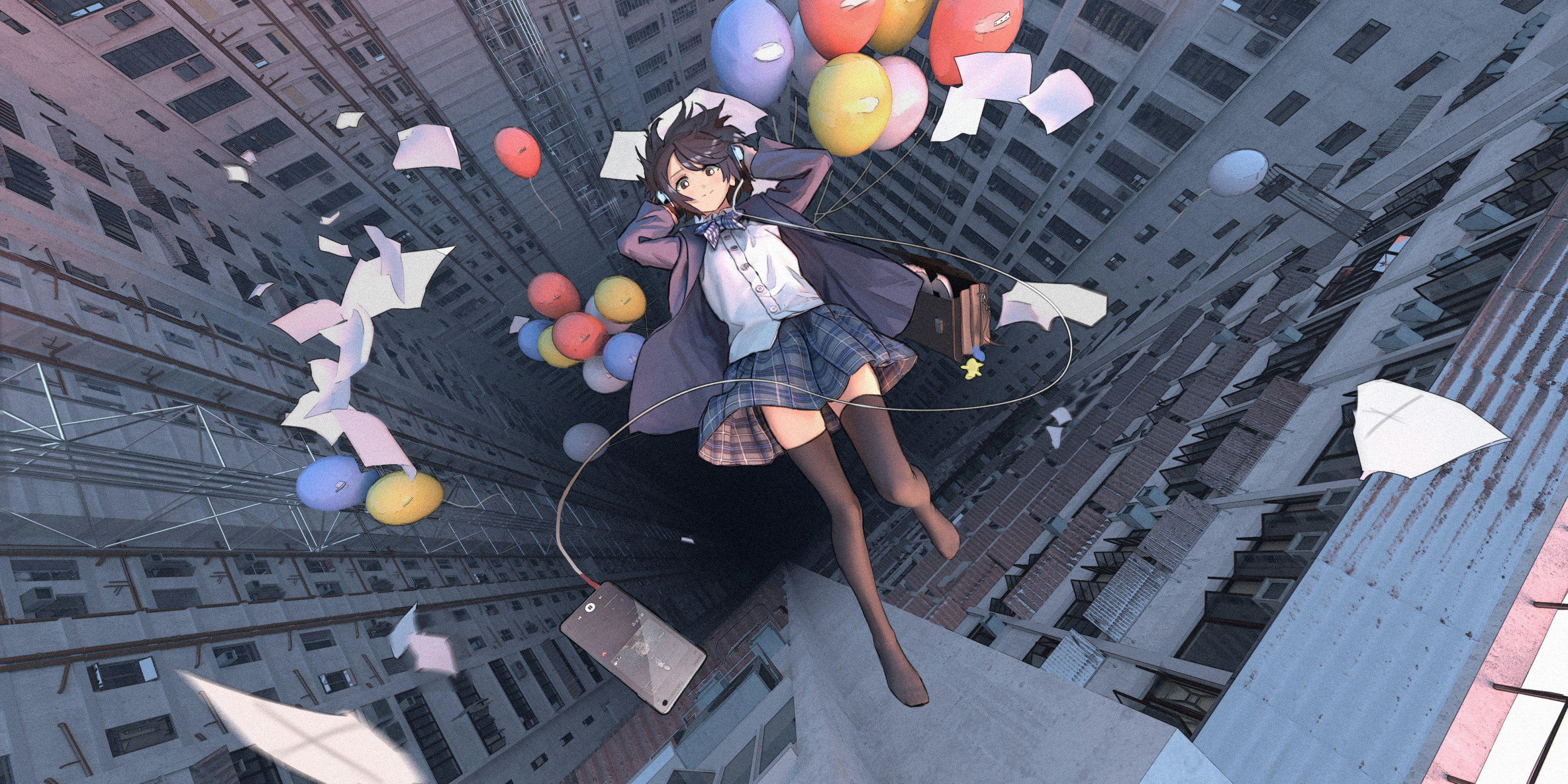 Girl with balloons falling between buildings HD Wallpaper