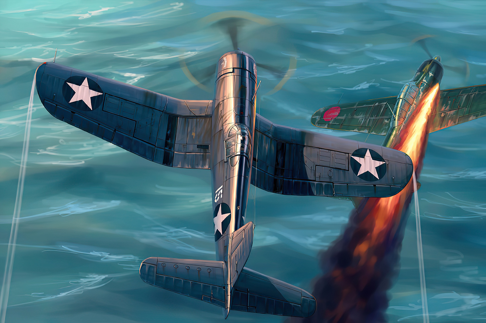Vought F4U Corsair engaging enemy aircraft over water HD Wallpaper