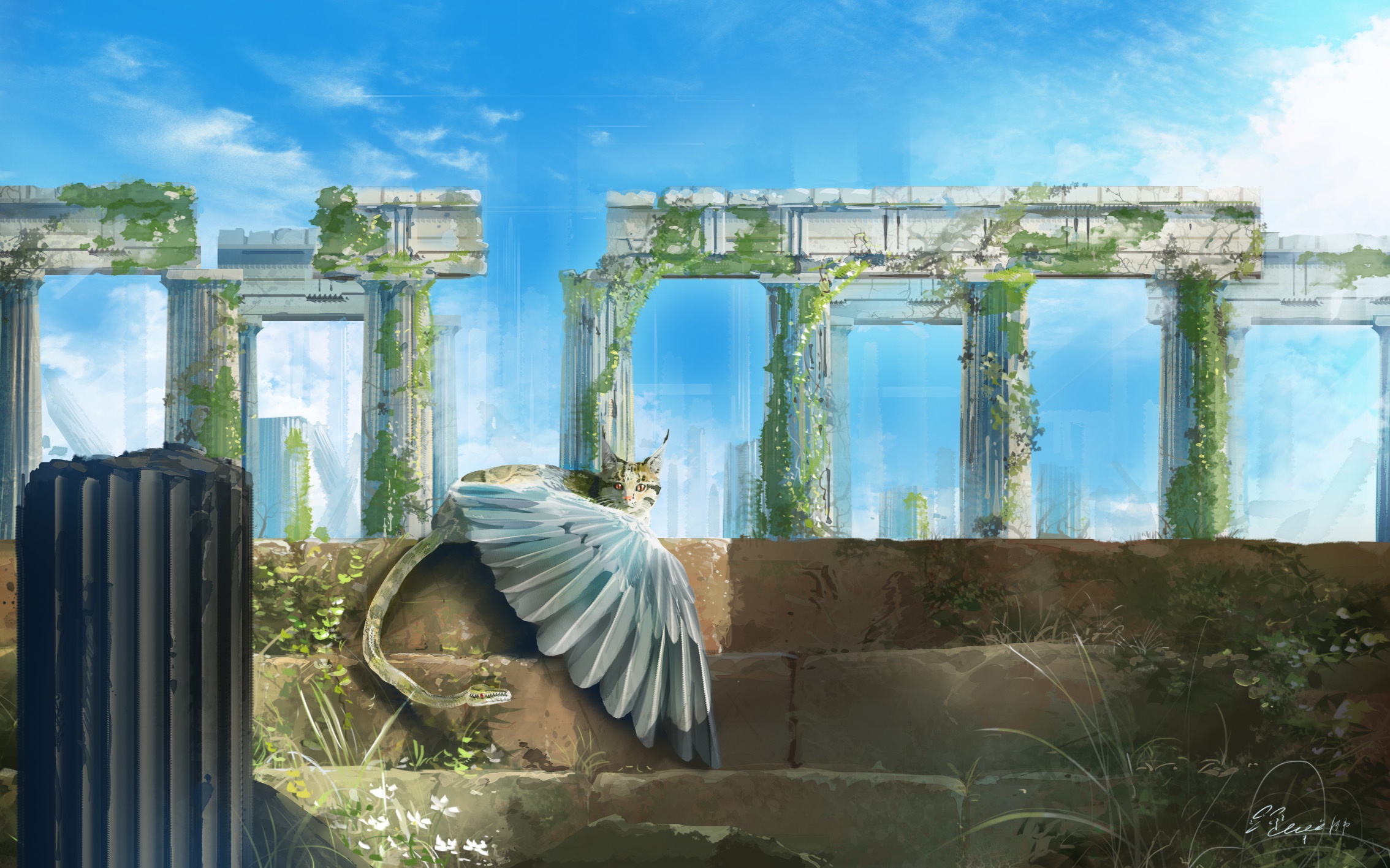 Fantasy Chimera in Ancient Ruins HD Wallpaper
