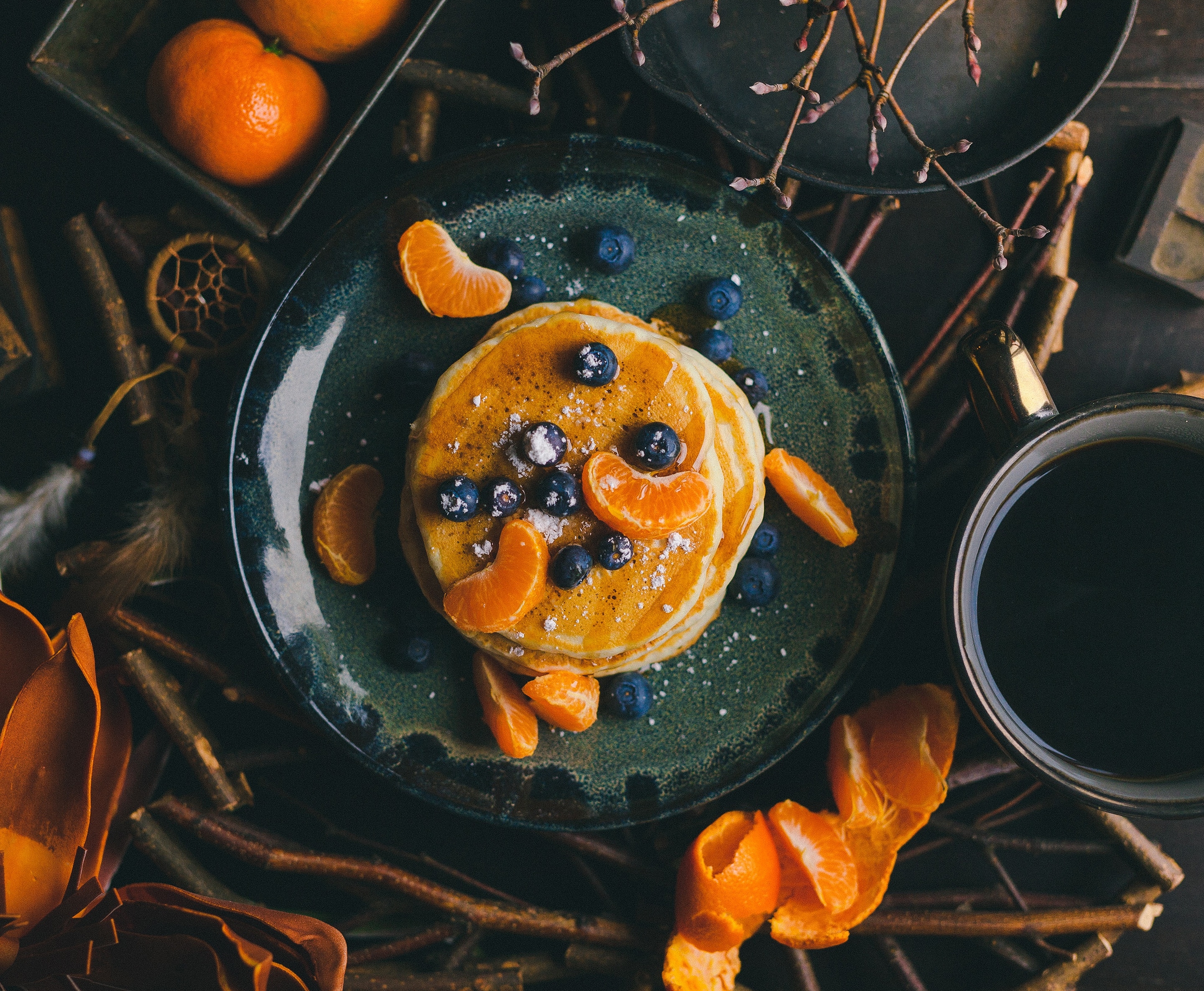Pancakes with blueberries and tangerines, coffee HD Wallpaper