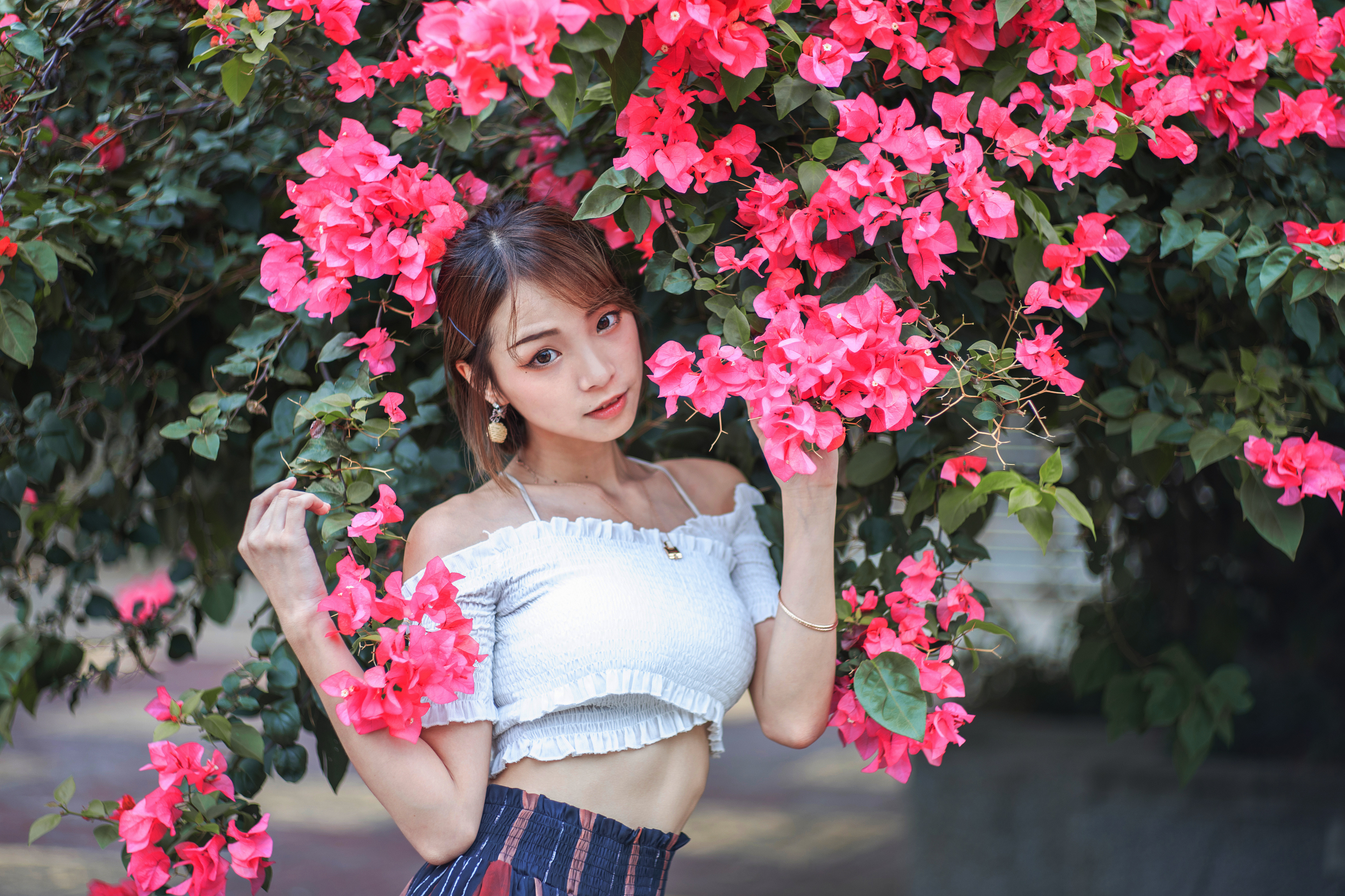 Asian woman posing near pink bougainvillea flowers HD Wallpaper