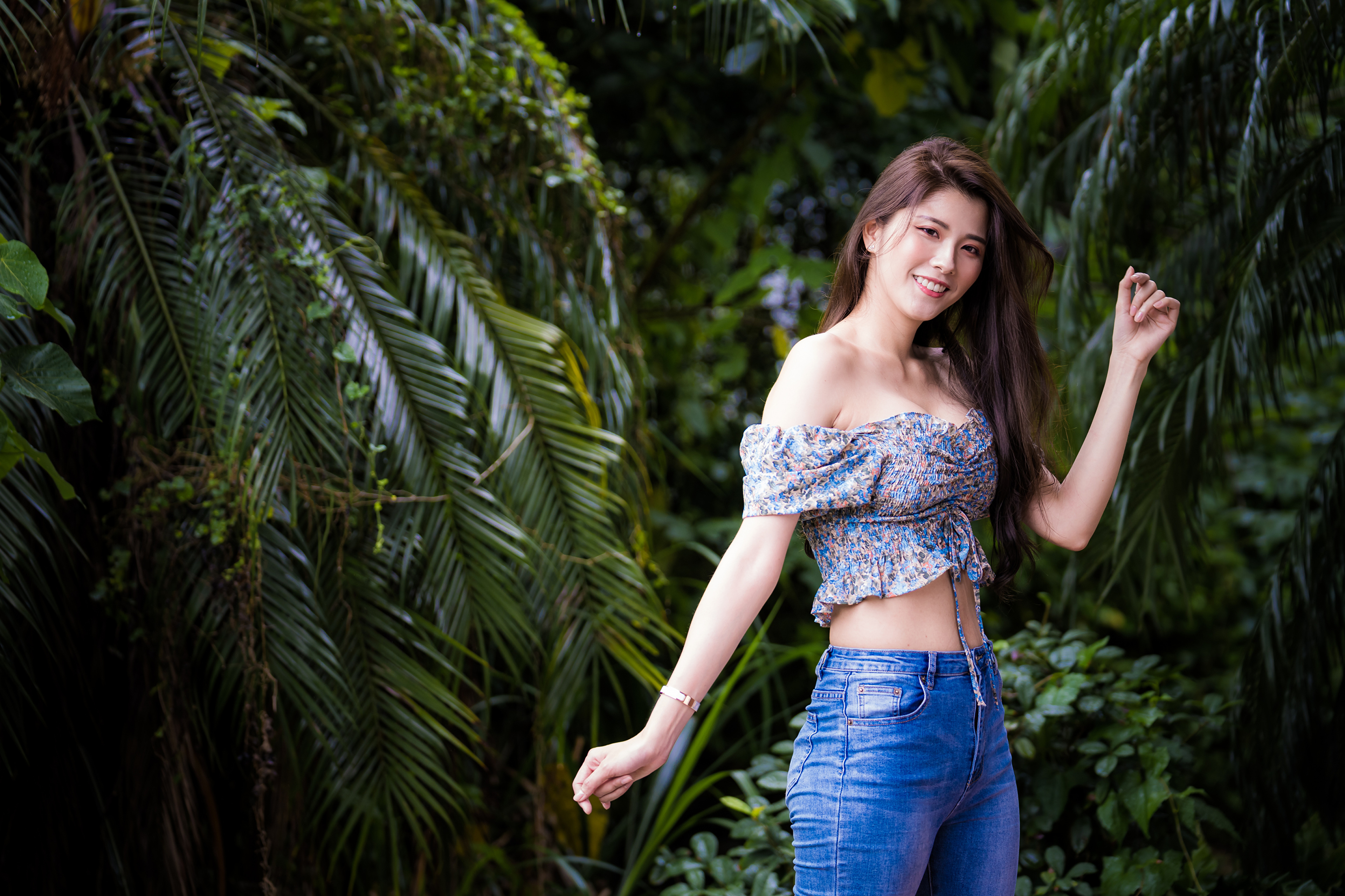 Asian Woman with Long Brunette Hair in Jeans HD Wallpaper
