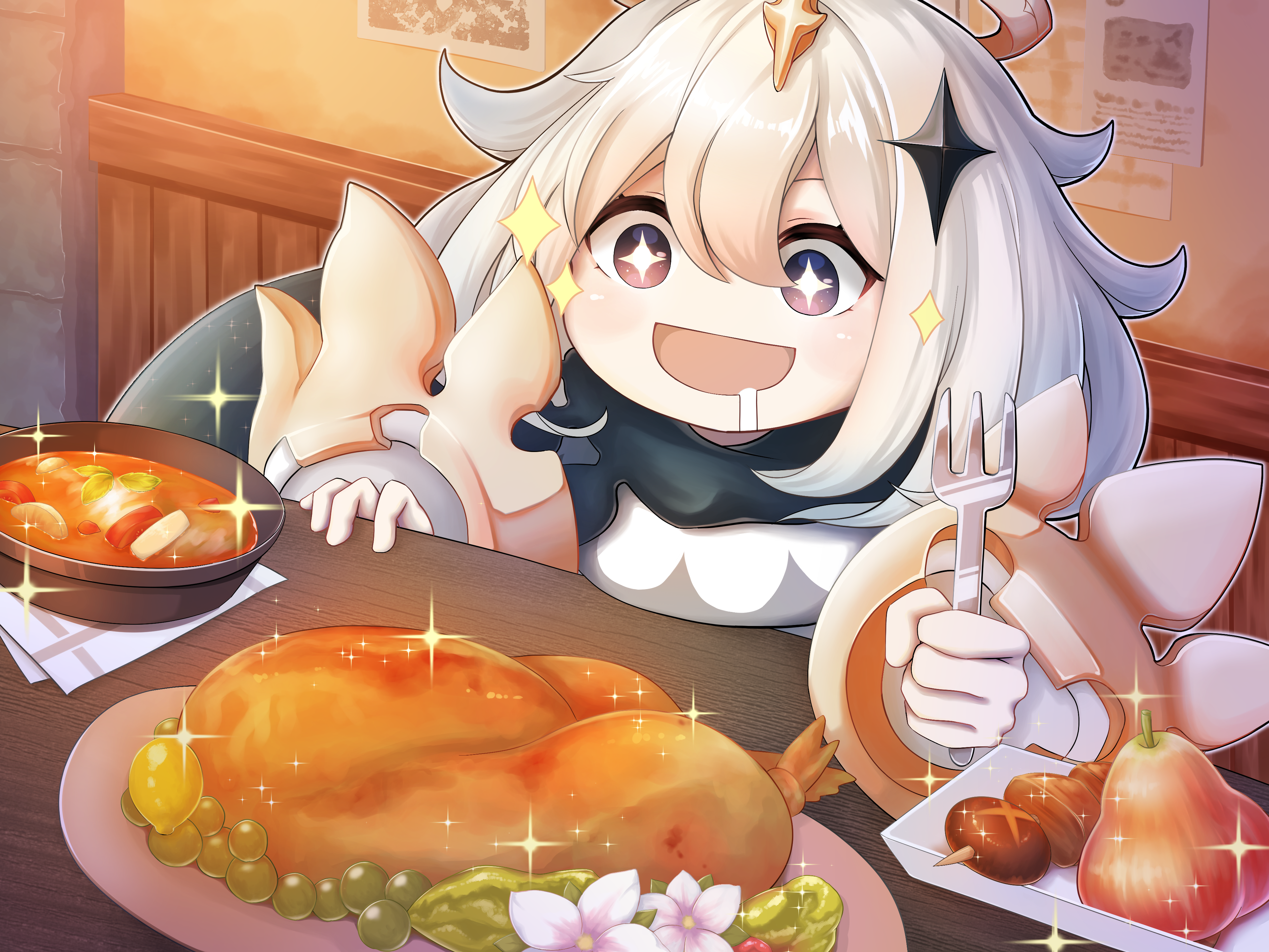 Paimon from Genshin Impact eating a feast HD Wallpaper