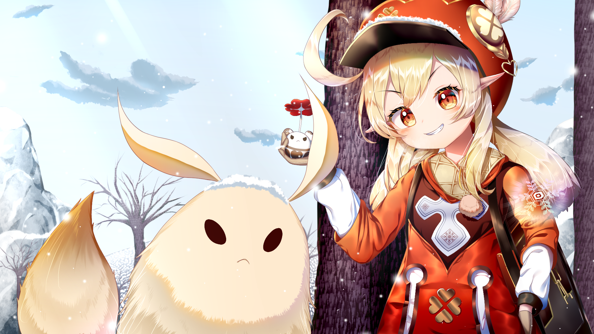Klee from Genshin Impact with a fluffy creature in winter HD Wallpaper