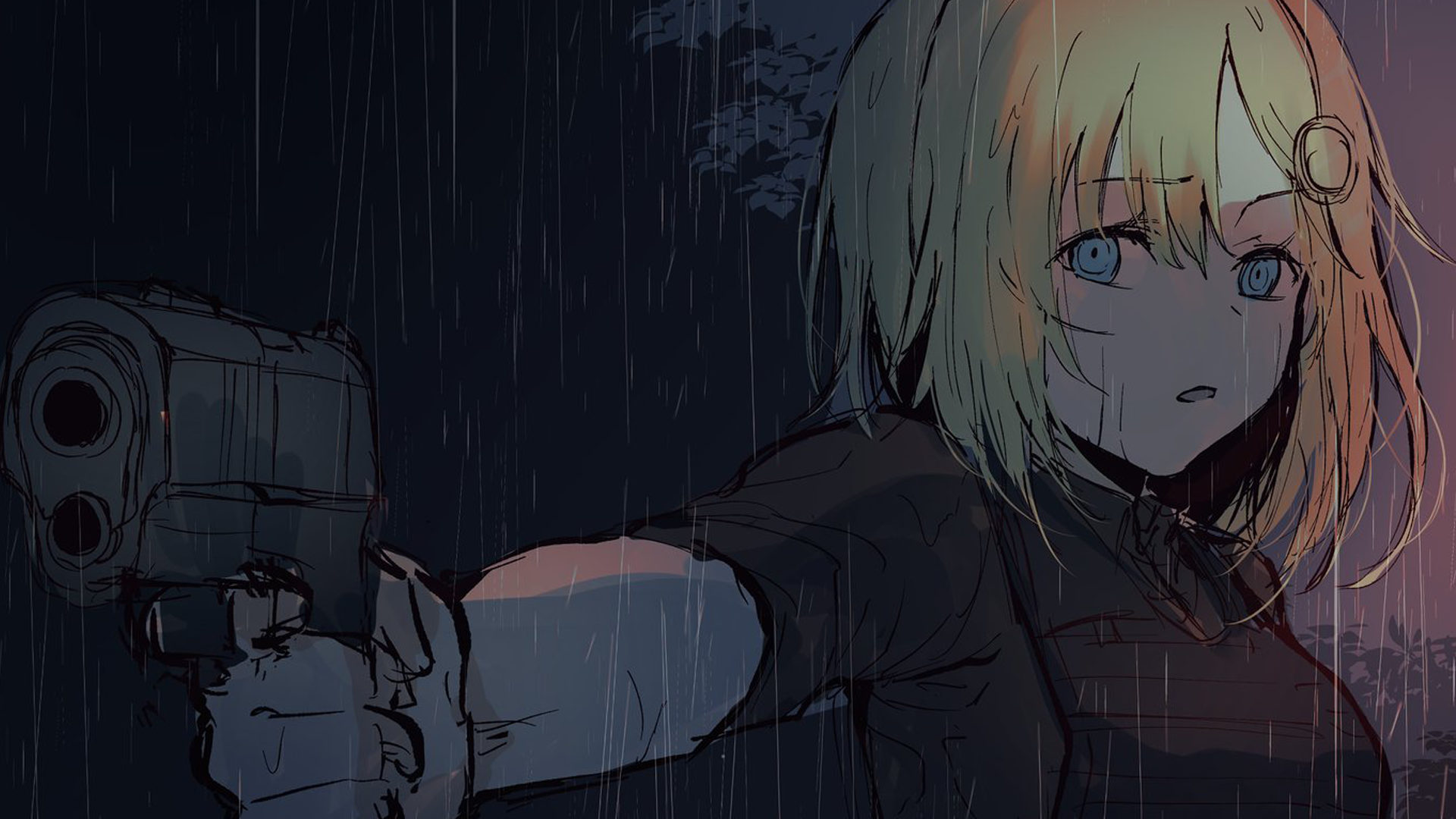 Watson Amelia with a gun in the rain HD Wallpaper
