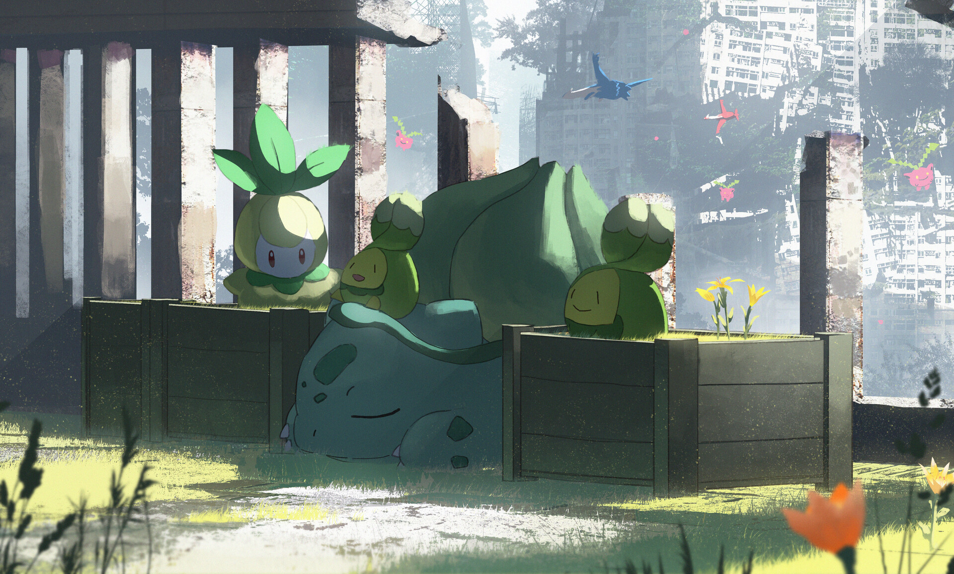 Bulbasaur and Friends in Ruined City HD Wallpaper