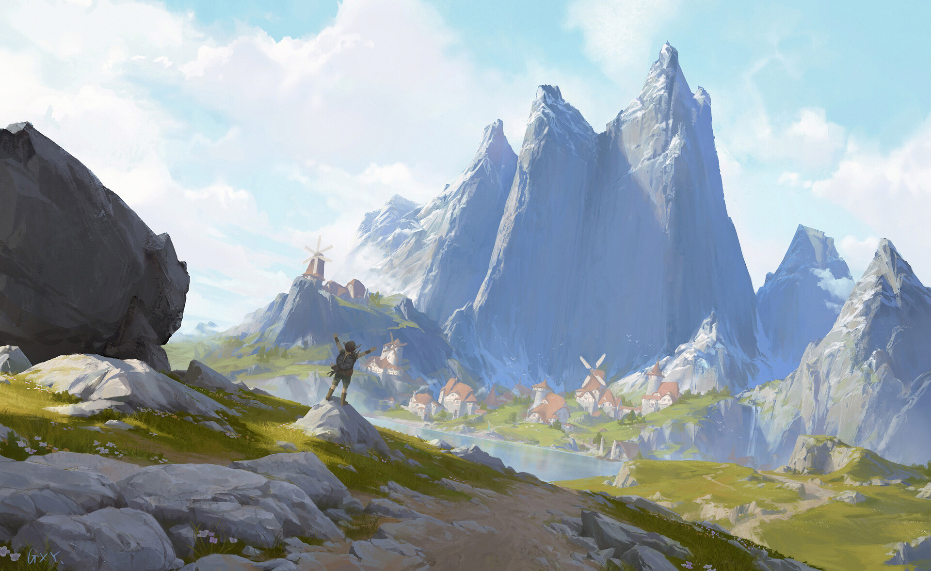 A traveler celebrates in a mountain village HD Wallpaper