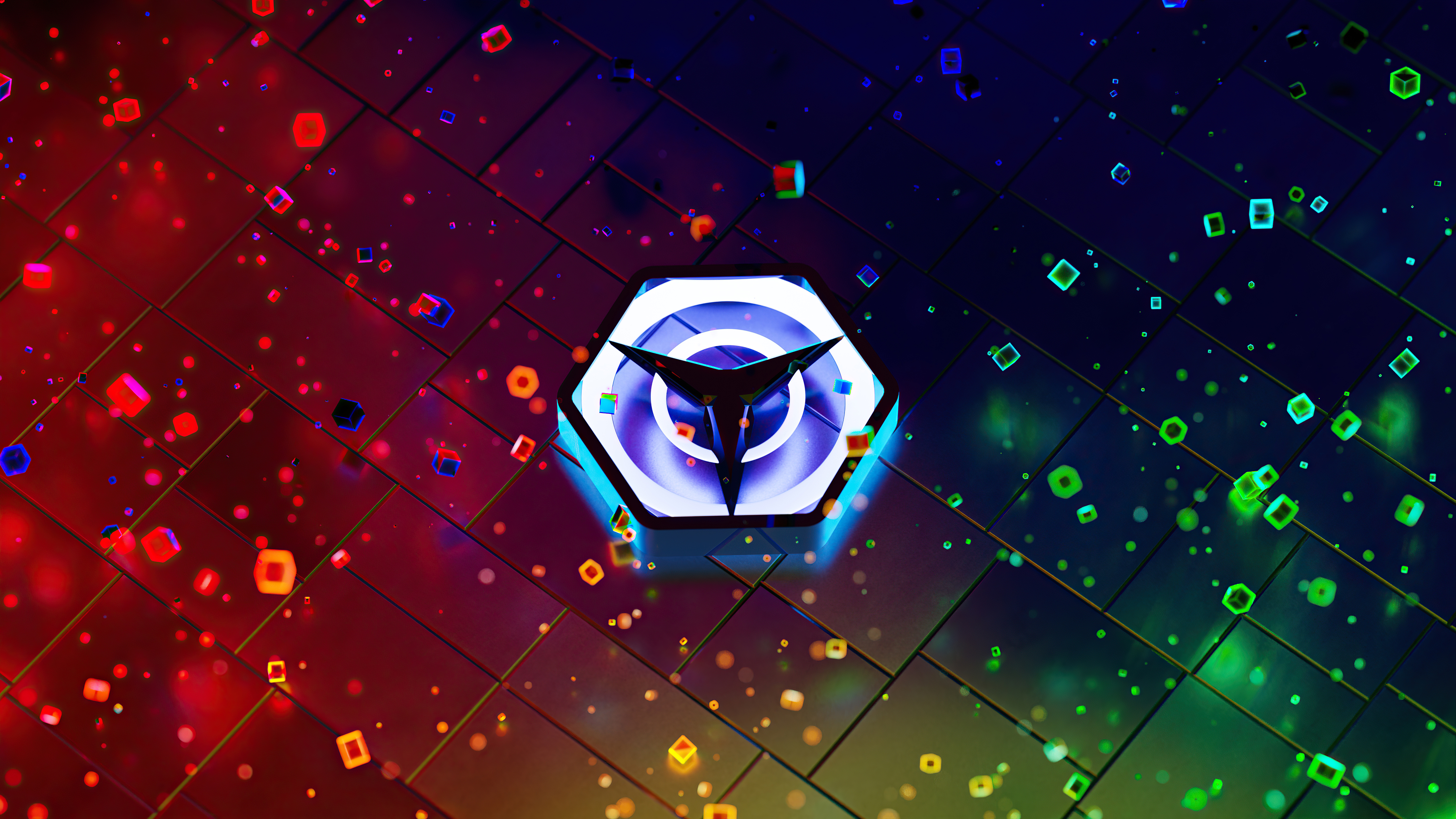 Abstract digital art with glowing cubes and hexagon logo HD Wallpaper