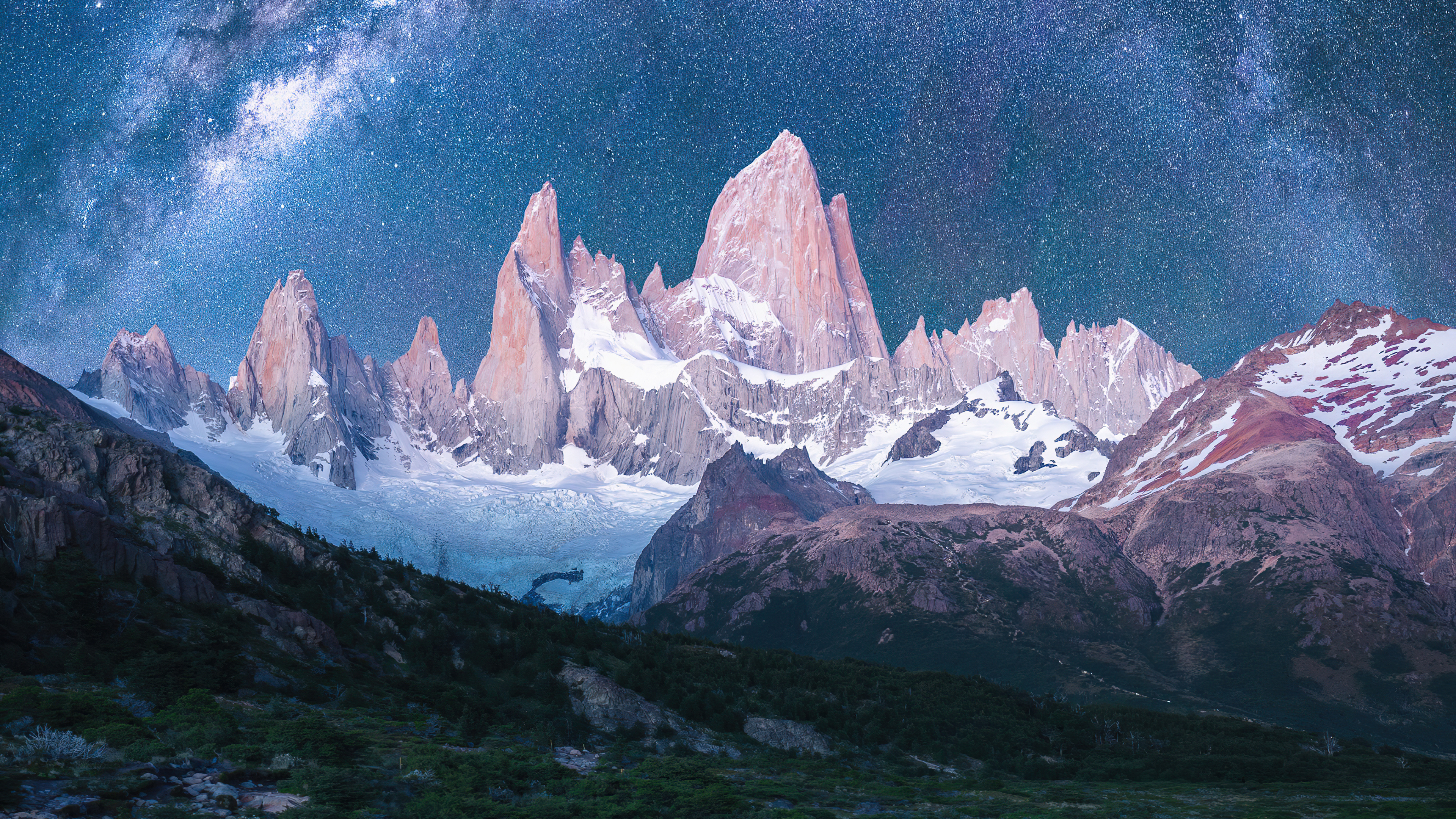 Snowy Mountain Peaks Under Starry Night Sky HD Wallpaper