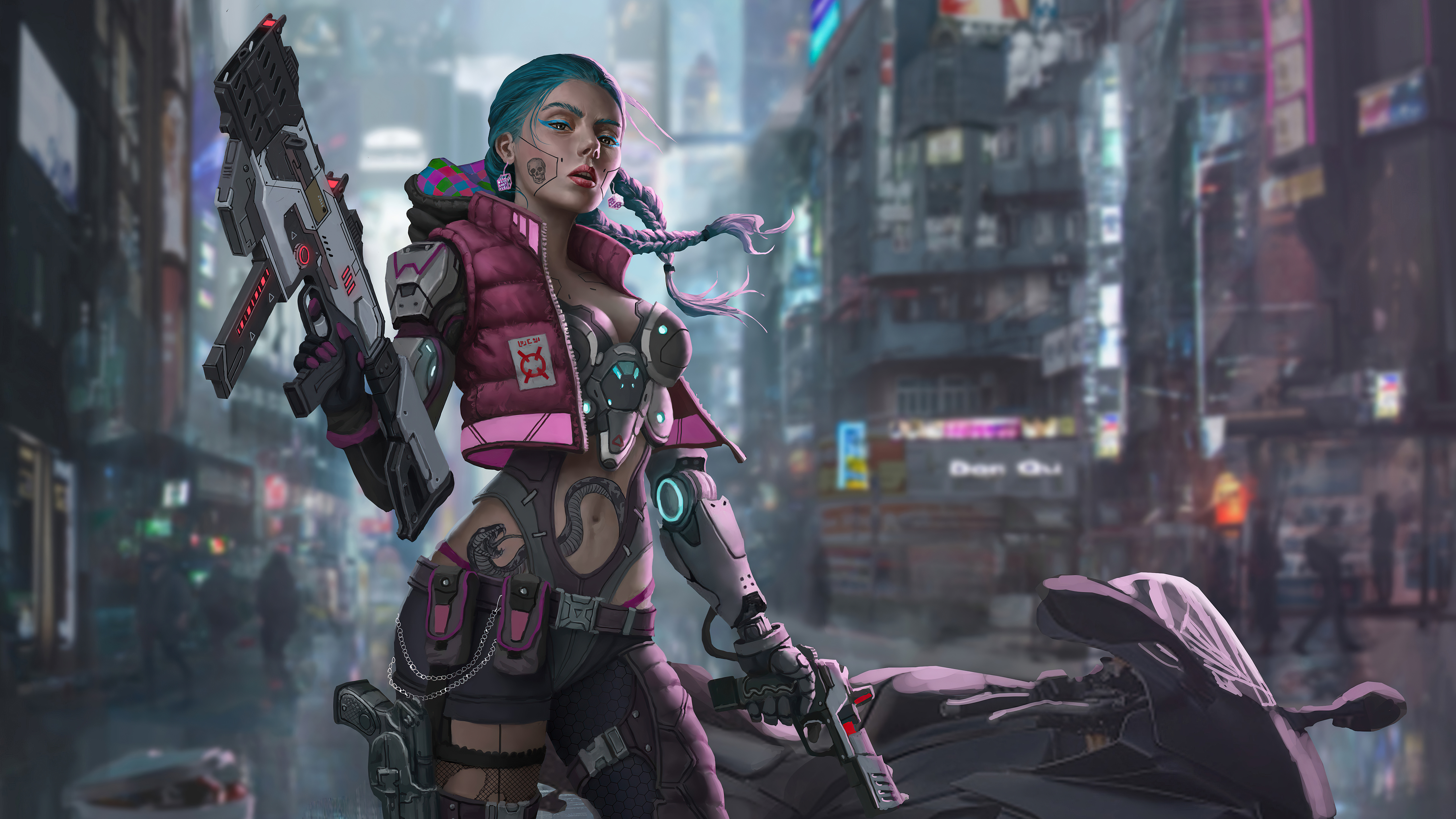 Sci-fi biker woman with guns and motorcycle HD Wallpaper