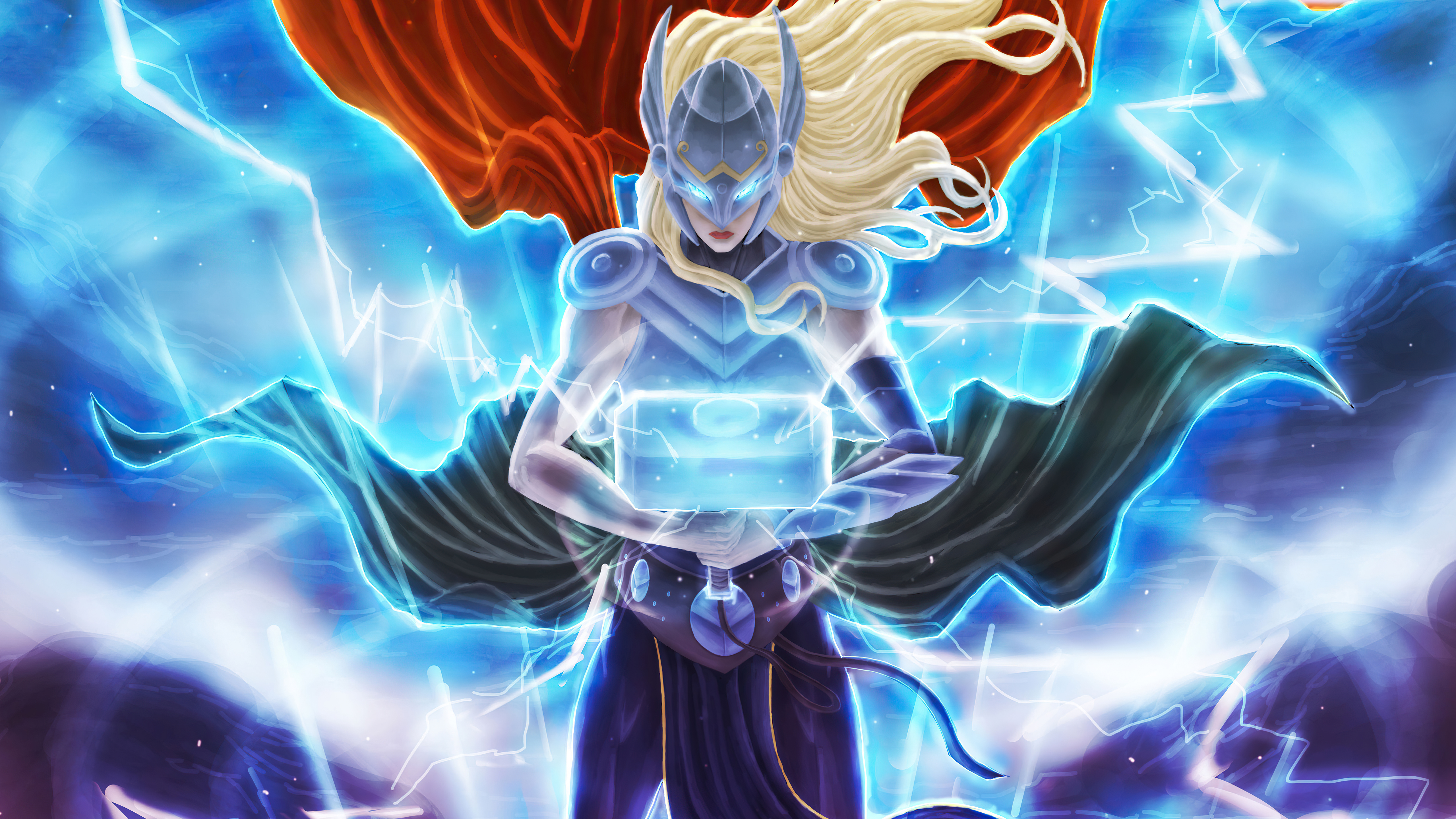 Jane Foster as Thor with Mjolnir surrounded by lightning HD Wallpaper