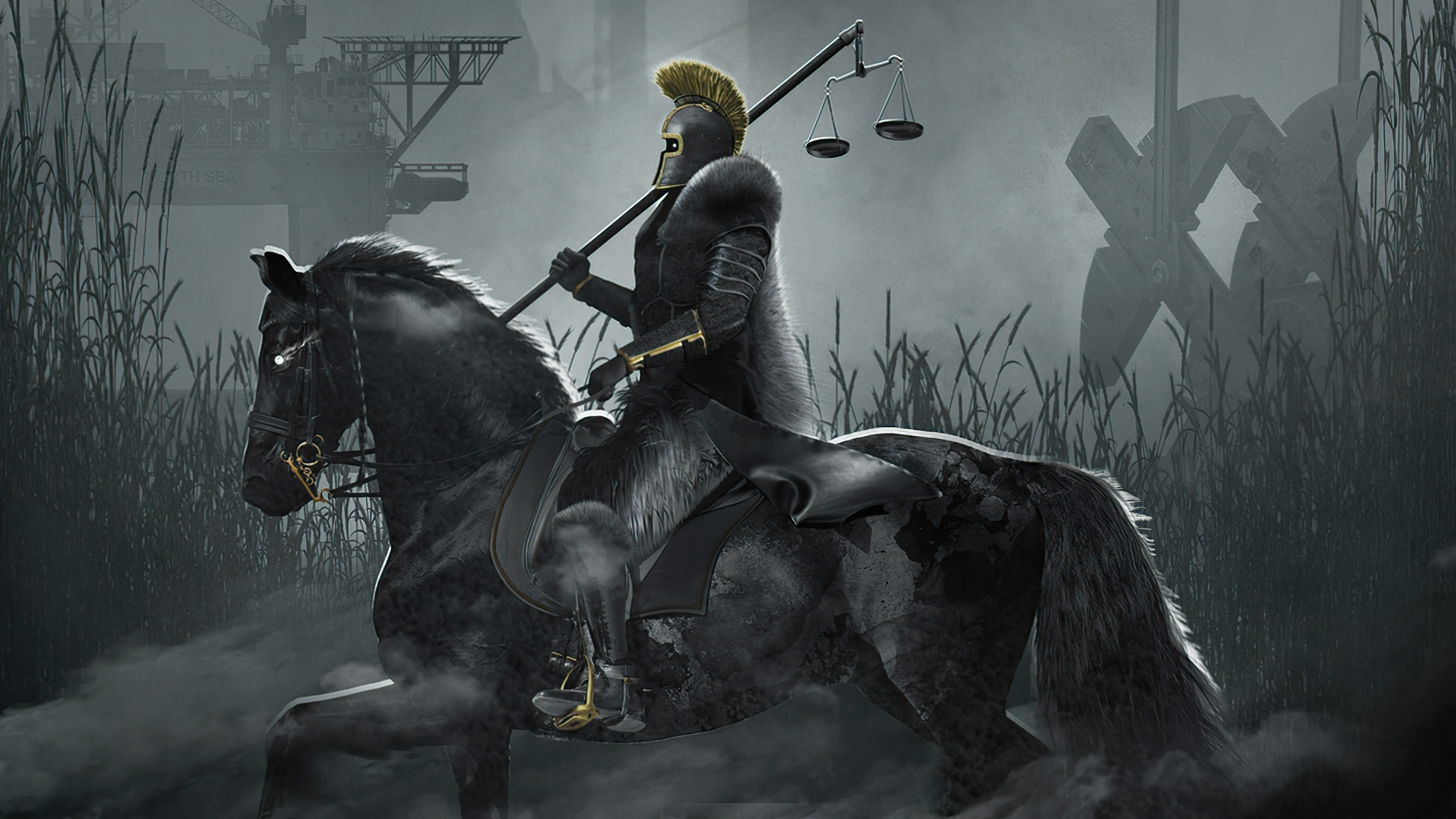 Knight on horseback holding scales HD Wallpaper