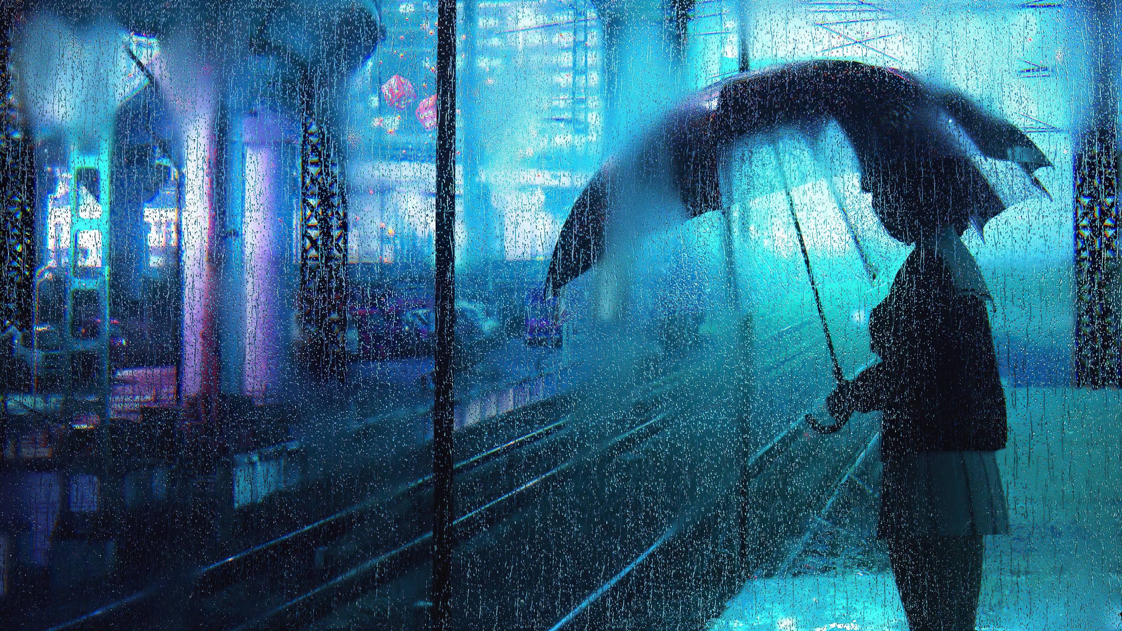 Girl with umbrella in the rain at night HD Wallpaper