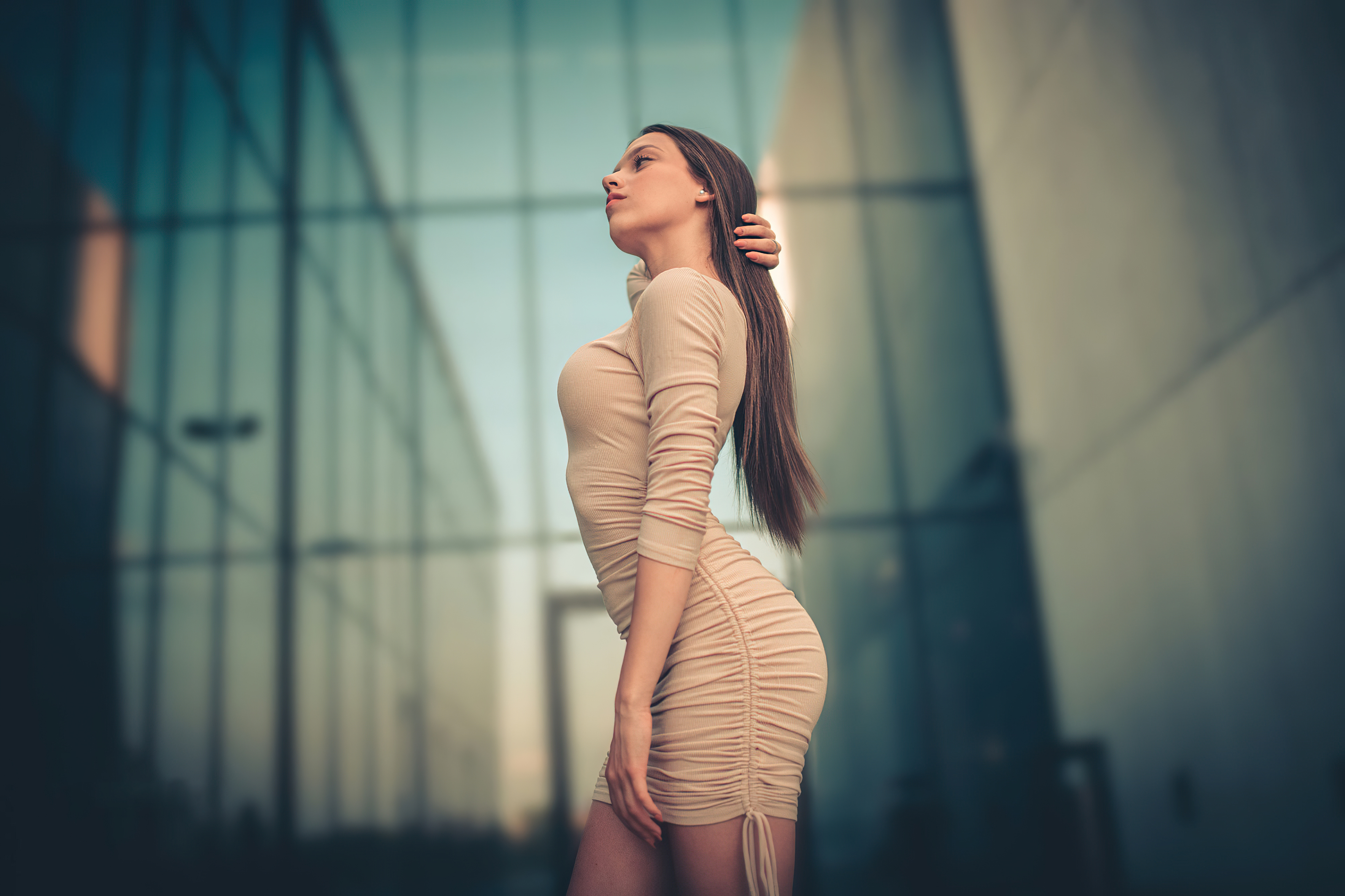 Model in Beige Dress Outdoors HD Wallpaper