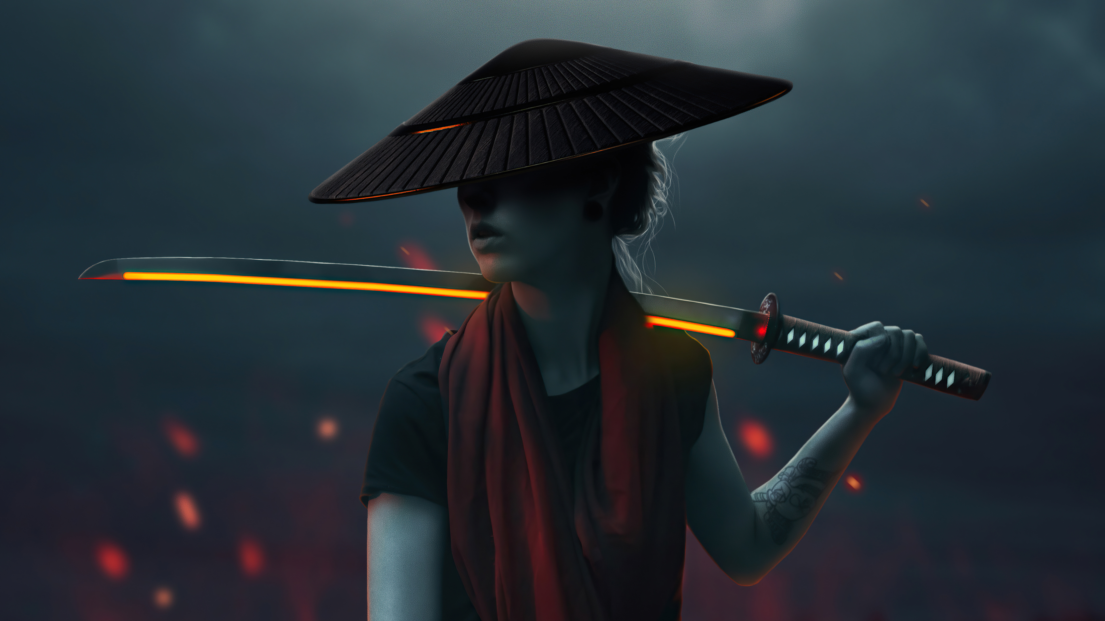 Artwork of a person with a glowing sword HD Wallpaper