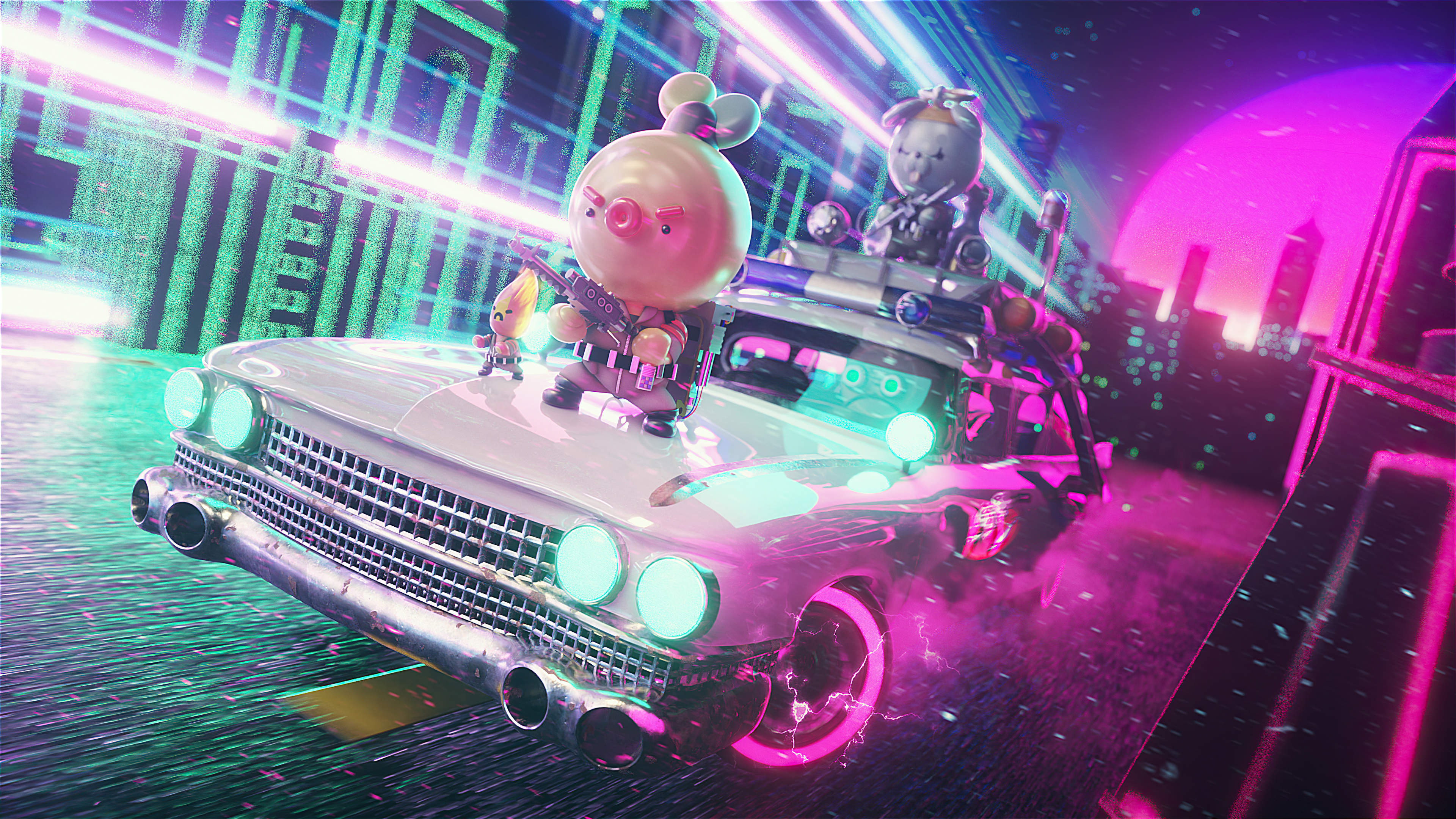 Characters in a car with a city background HD Wallpaper