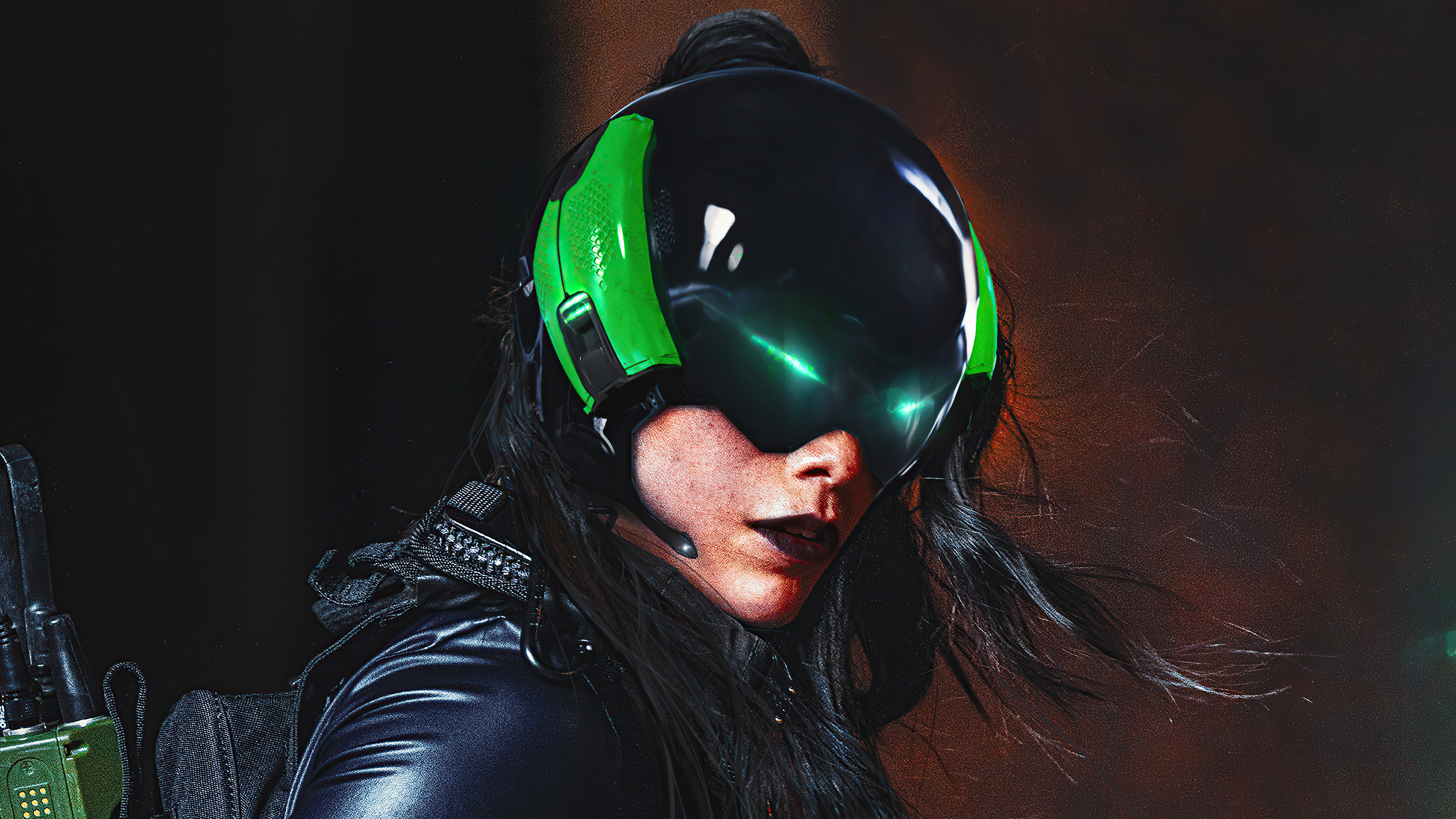 Woman in futuristic helmet with green accents HD Wallpaper