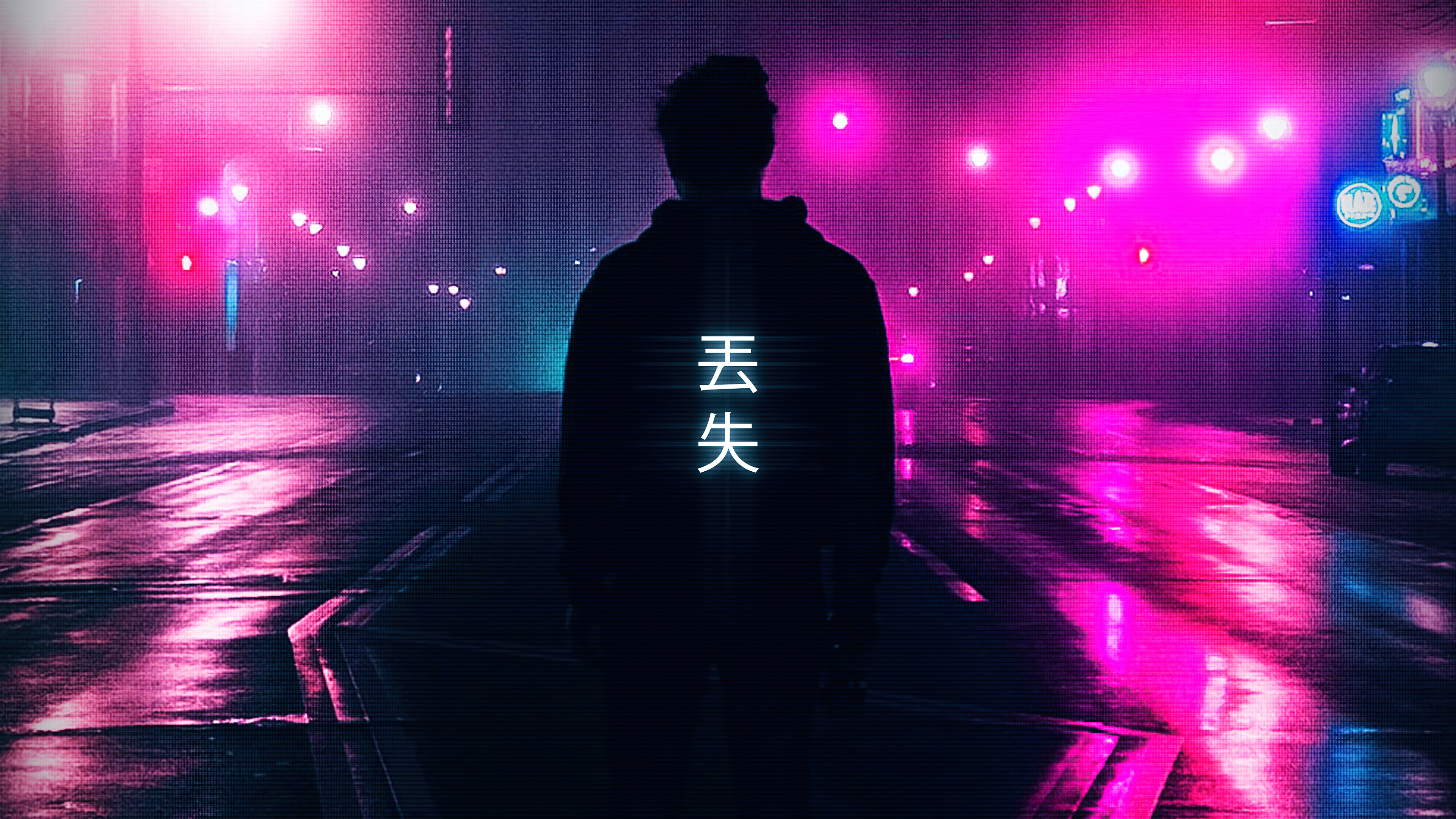 Silhouette of a person with Japanese text on a neon-lit street HD Wallpaper