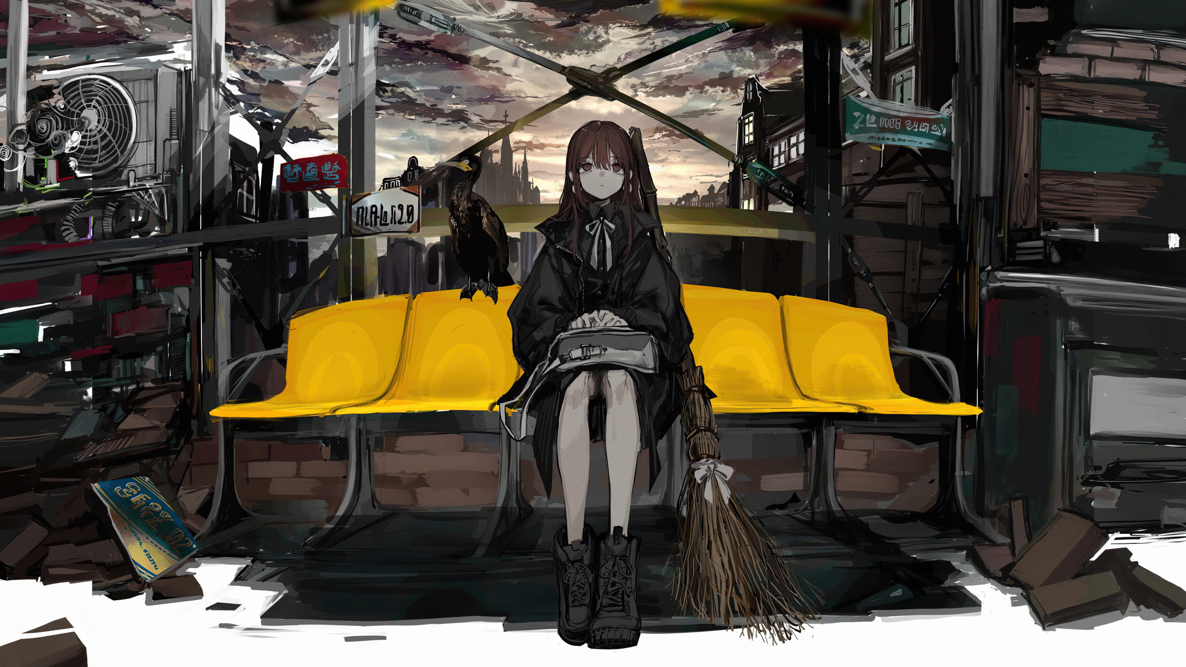 Anime girl with crow and broom at bus stop HD Wallpaper