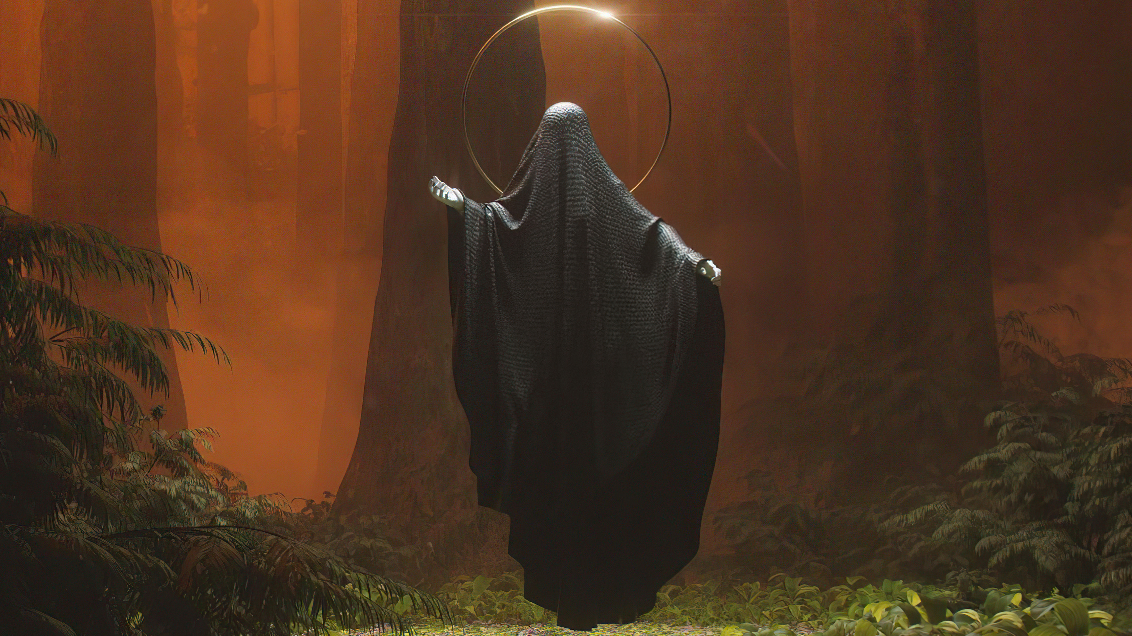 Figure in black cloak with golden halo in forest HD Wallpaper