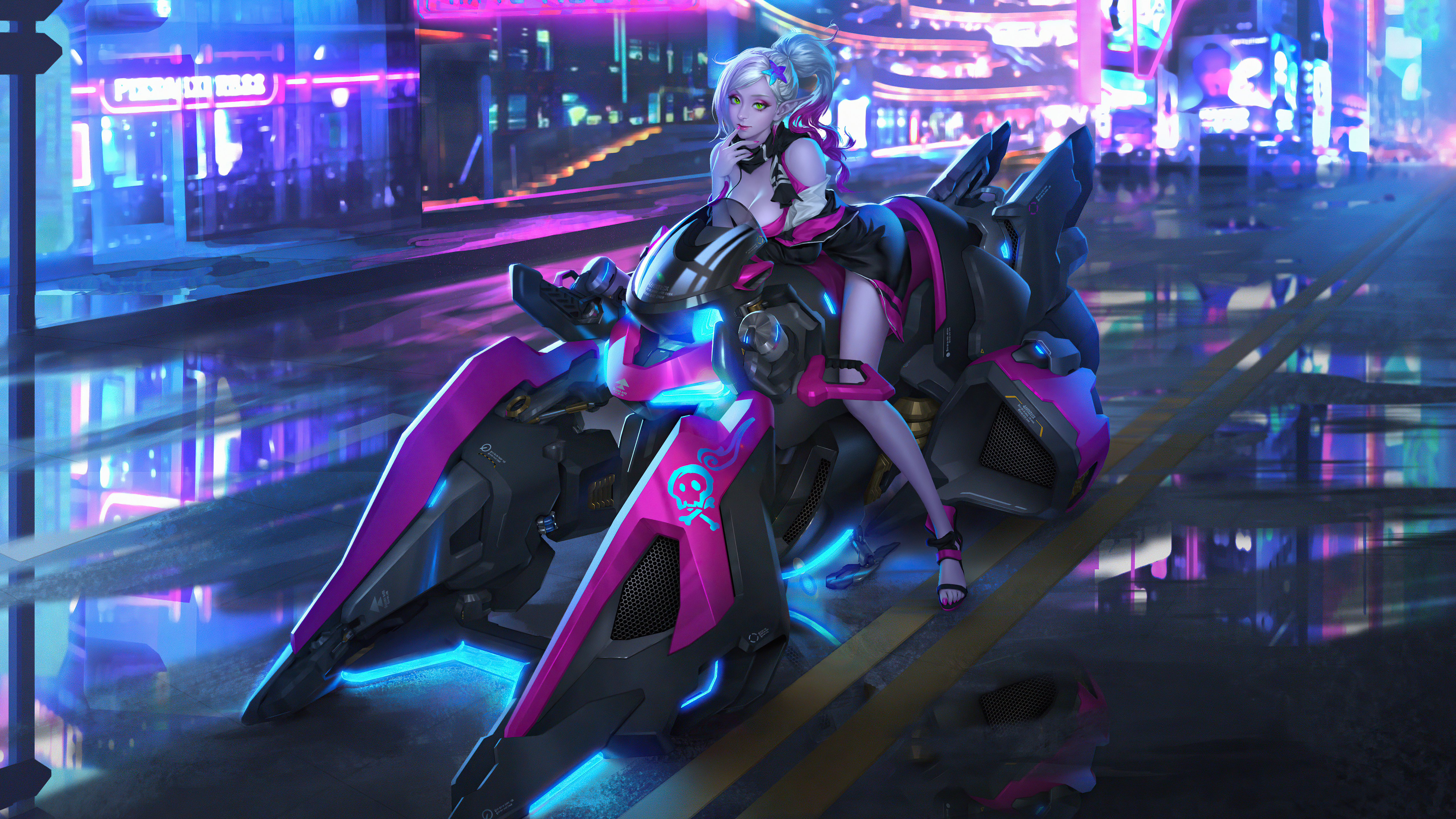 Girl on a futuristic motorcycle in a neon city HD Wallpaper