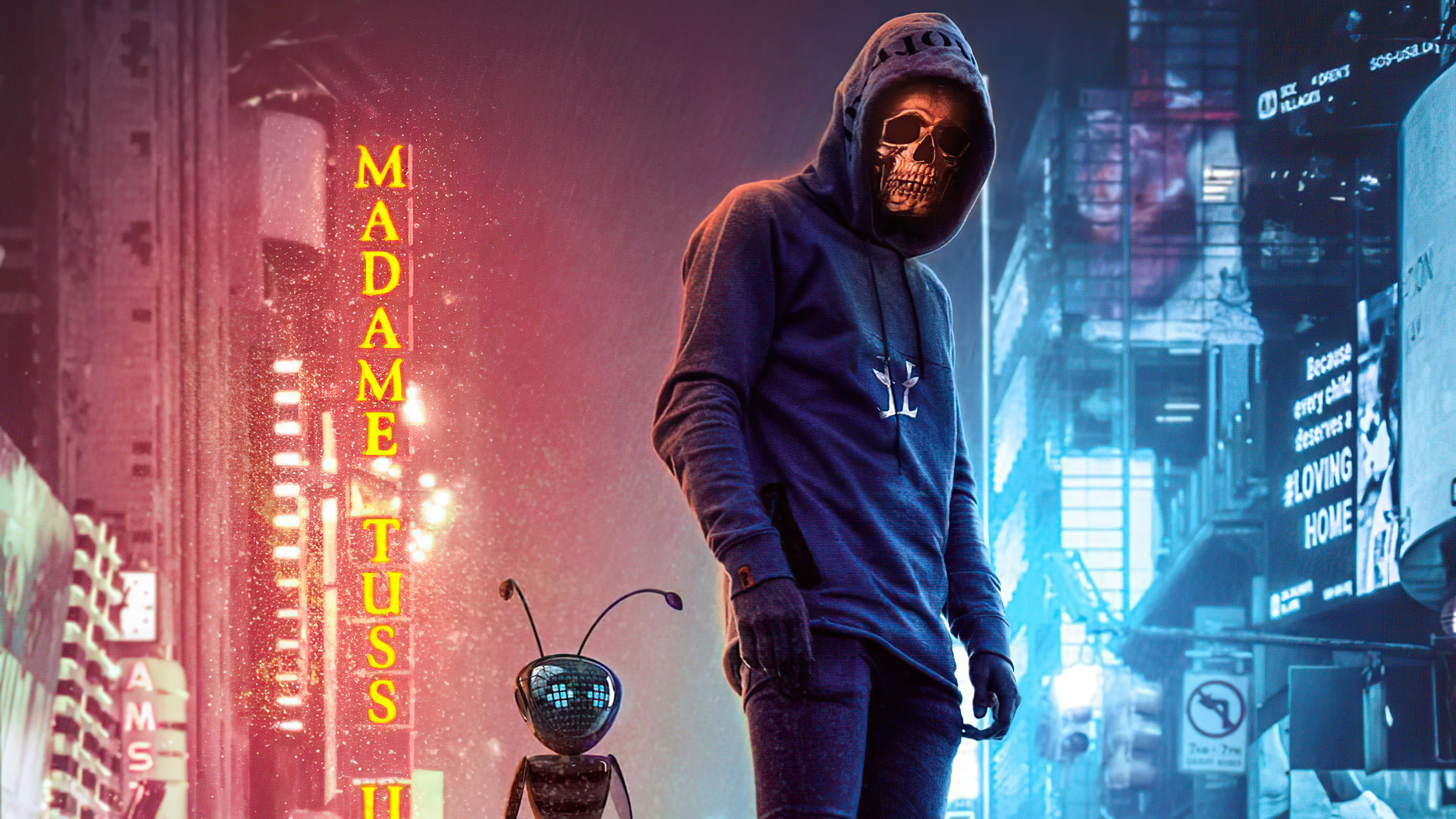 Person in Skull Mask and Robot in Times Square HD Wallpaper