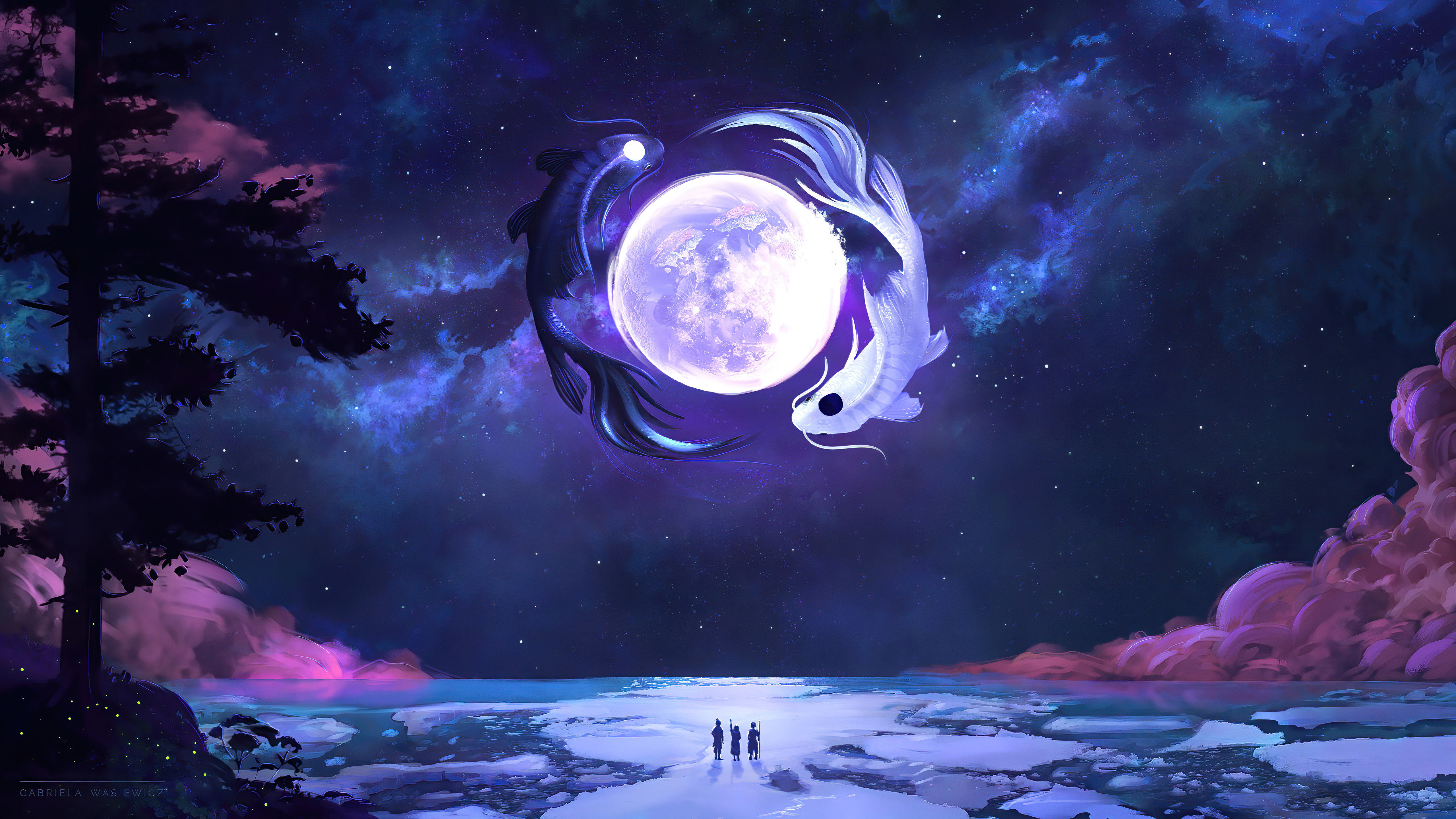 Tui and La with Moon and Galaxy HD Wallpaper