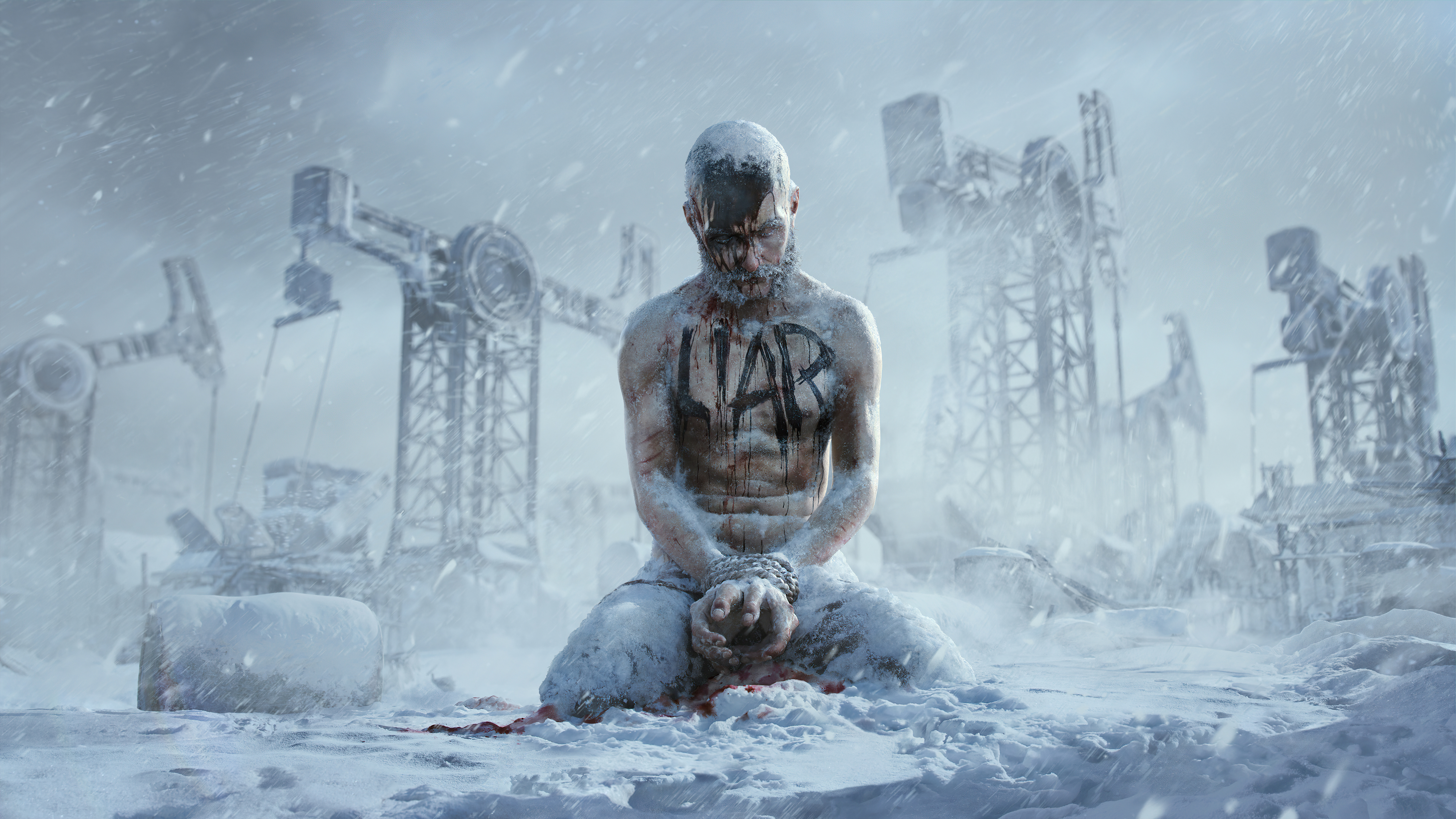 Man with 'Liar' written on chest in Frostpunk 4K HD Wallpaper