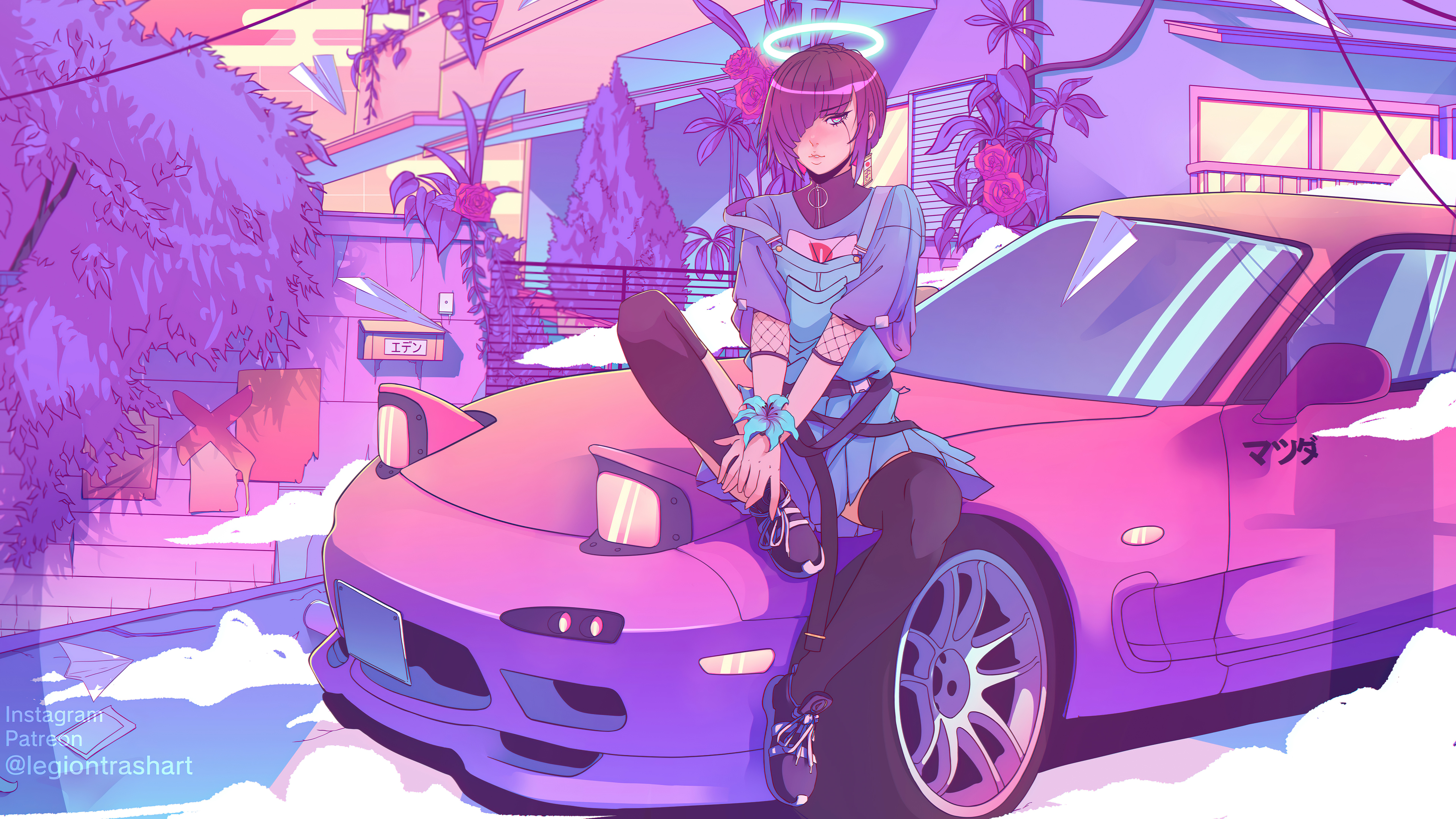 Synthwave Art of a Futuristic Character with a Retro Mazda HD Wallpaper
