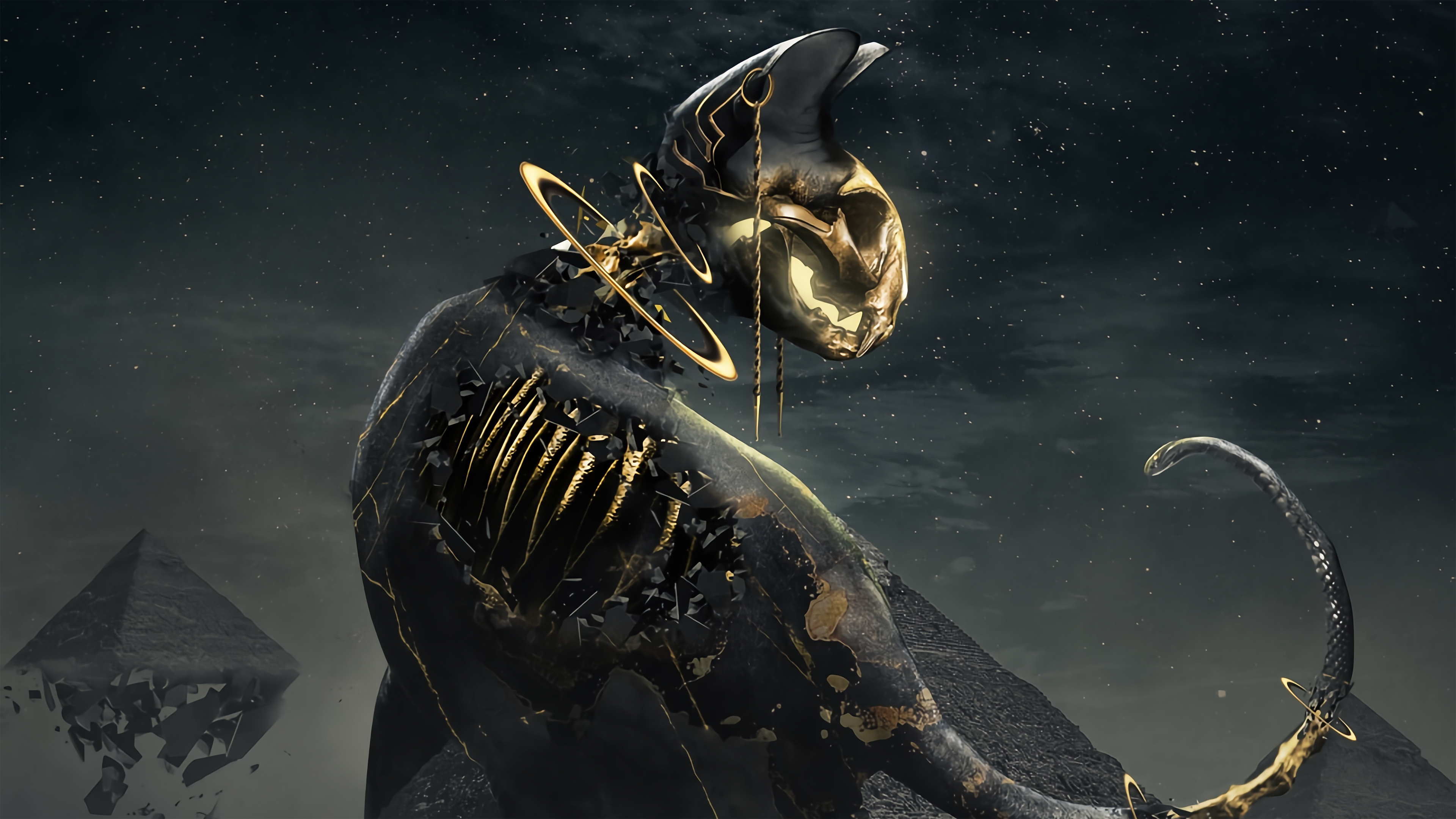 Digital artwork of a mythical creature with golden accents HD Wallpaper