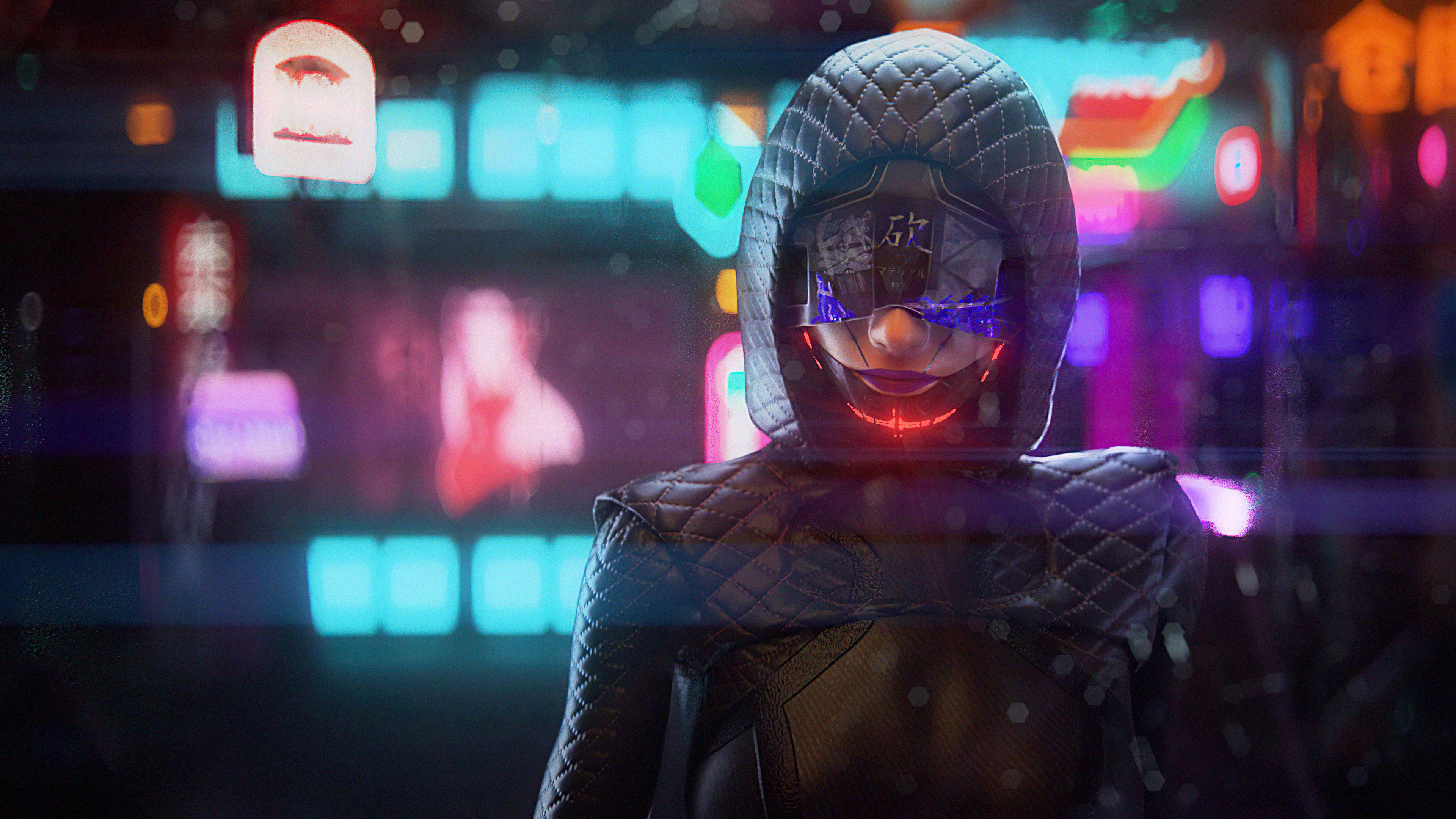 Cyberpunk character with futuristic mask and hood HD Wallpaper