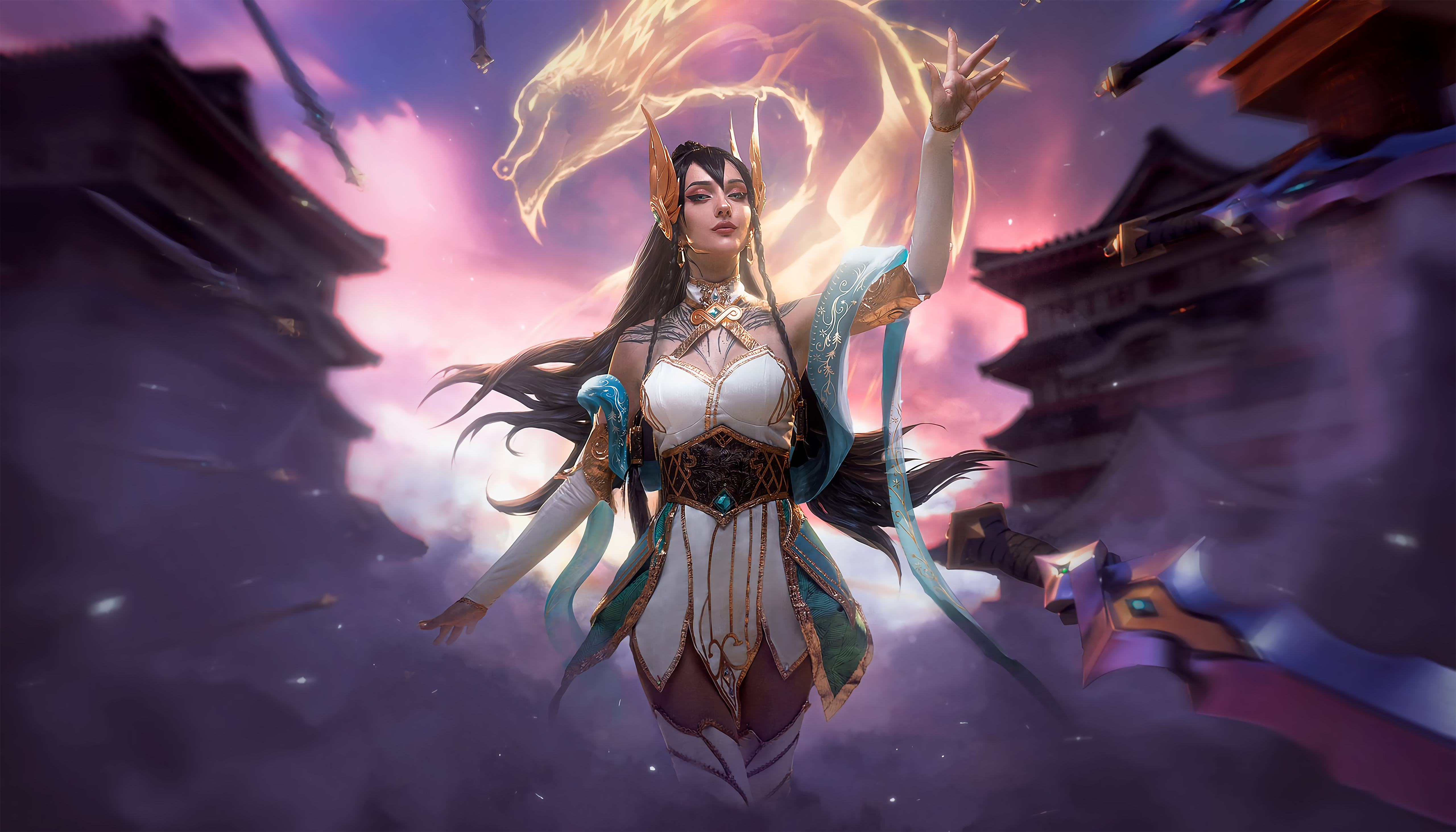 Irelia from League of Legends with a dragon HD Wallpaper