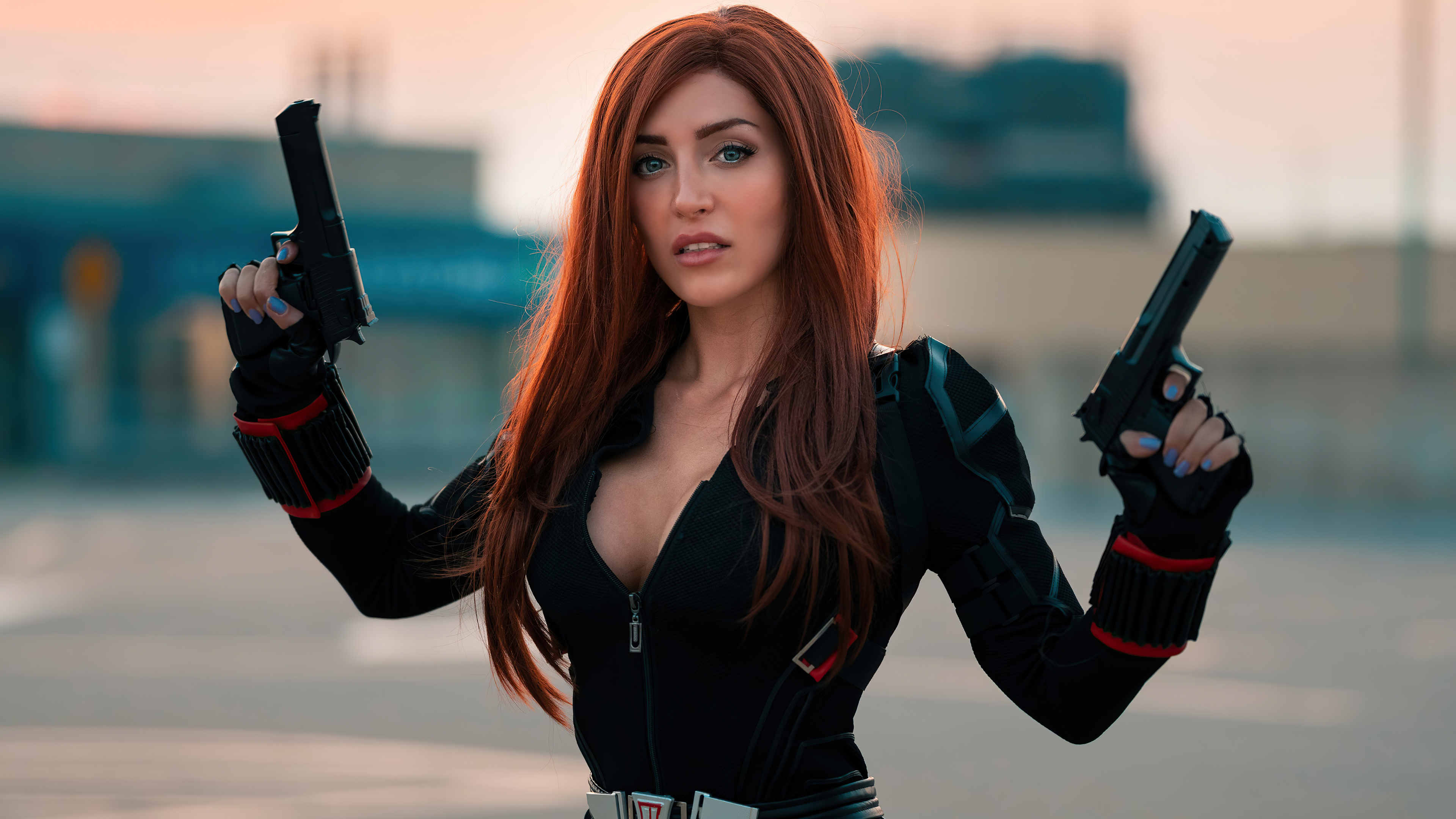 Black Widow cosplay with two pistols HD Wallpaper