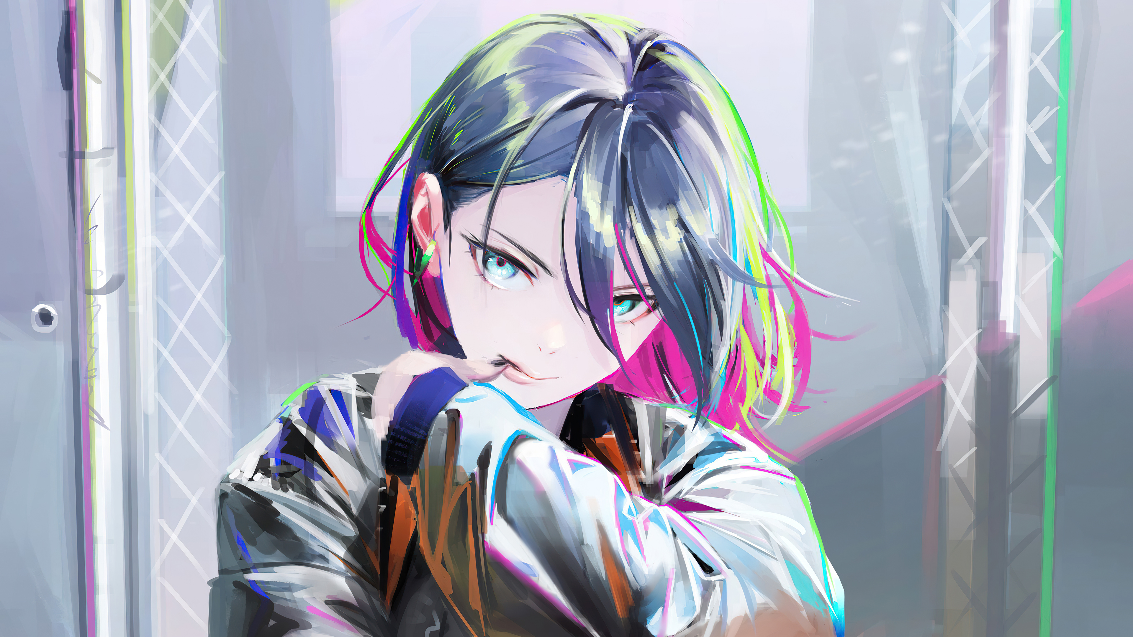 Anime girl with colorful hair and jacket HD Wallpaper