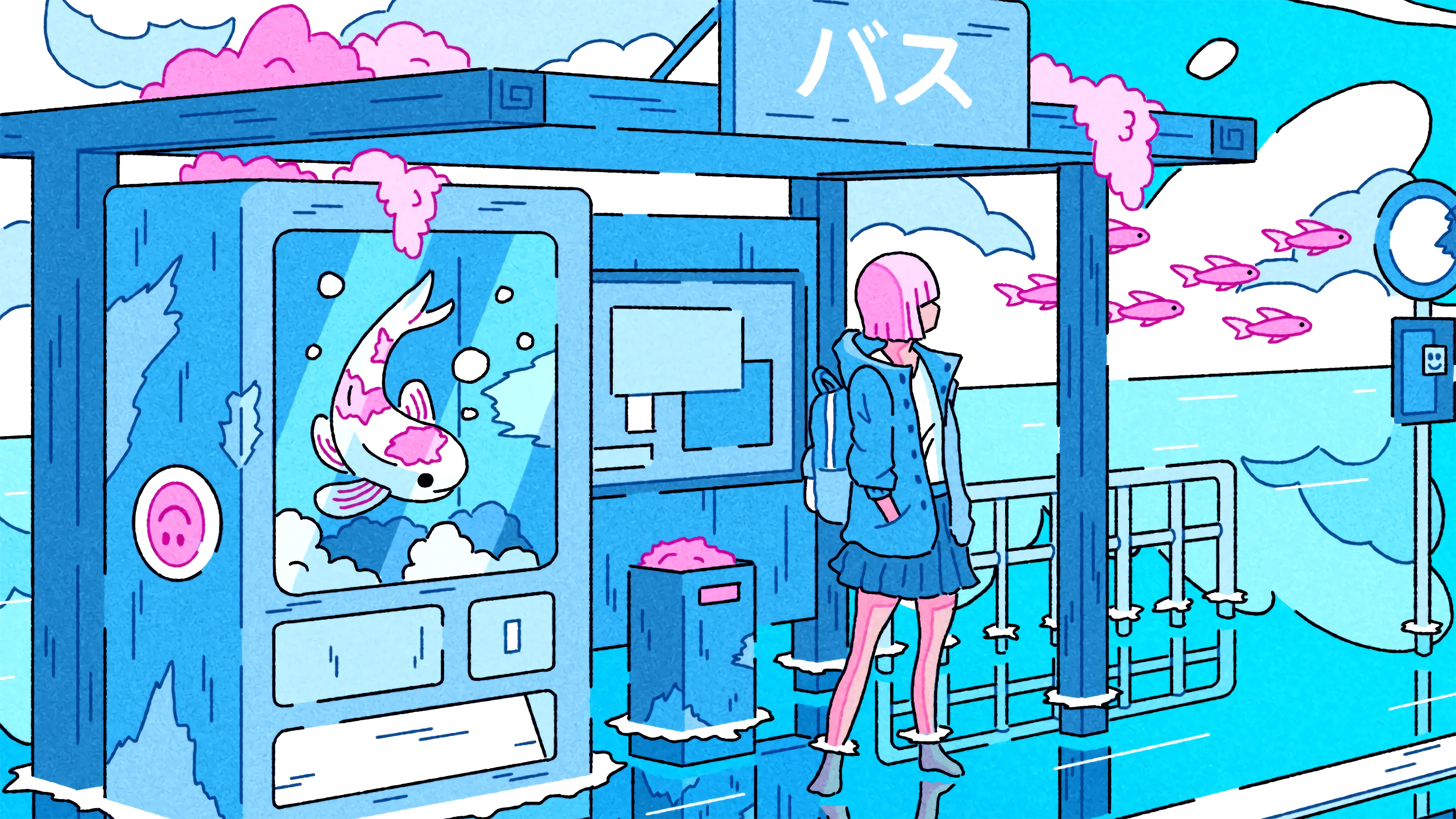 Anime girl at a bus stop with a koi fish vending machine HD Wallpaper