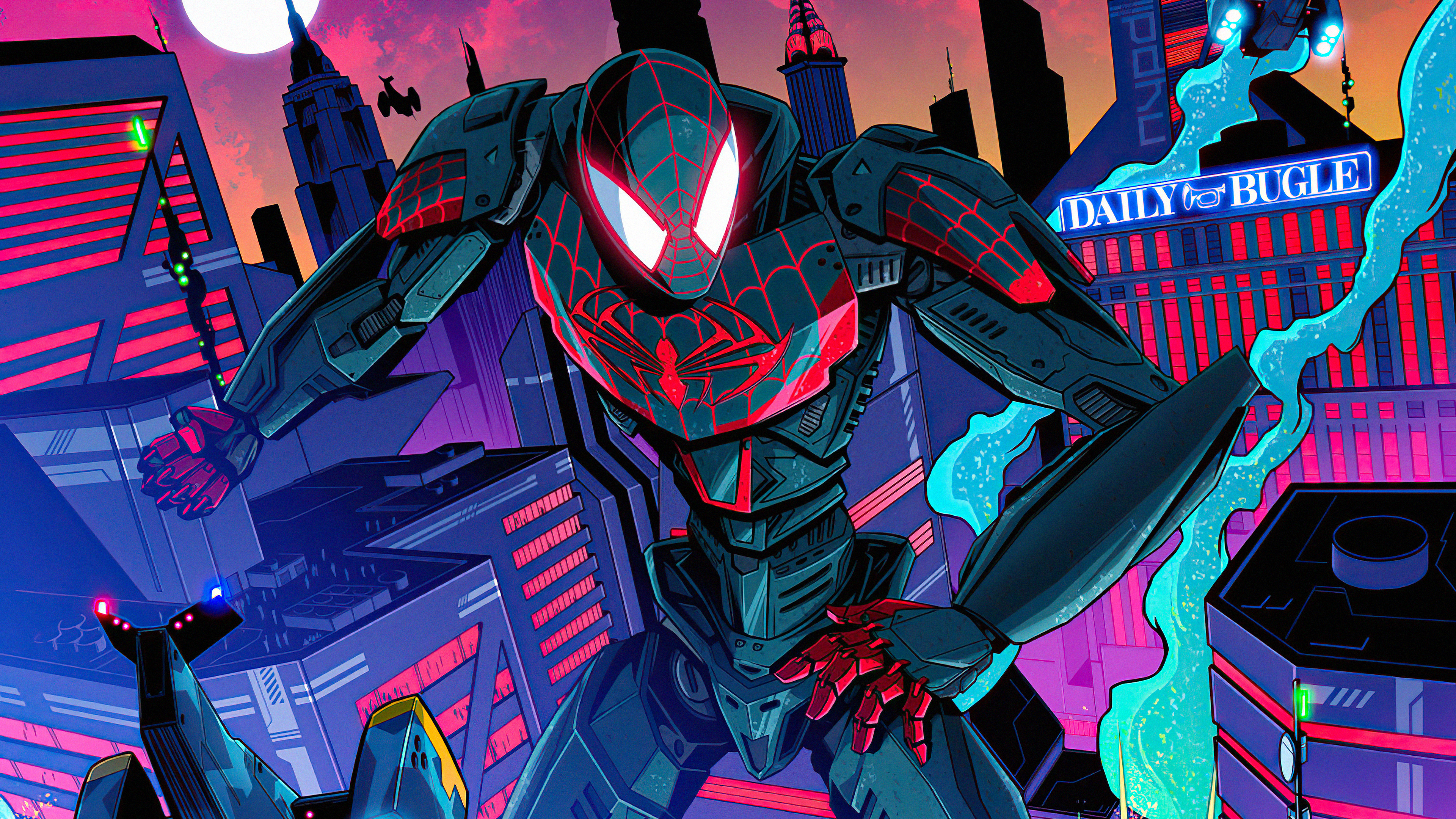 Spider-Man in a mech suit in a futuristic city HD Wallpaper