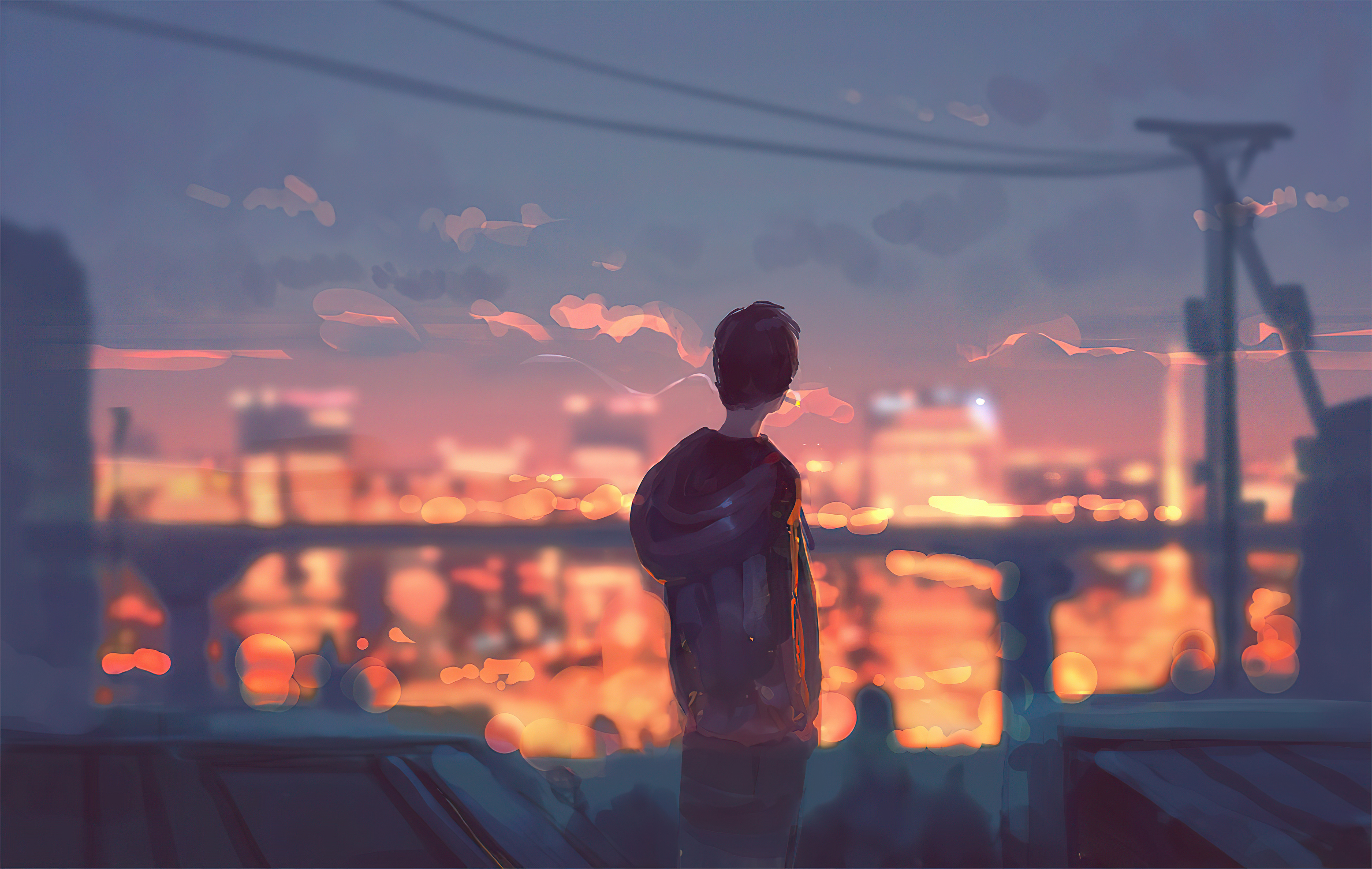 Artwork of a person looking at a city at sunset HD Wallpaper
