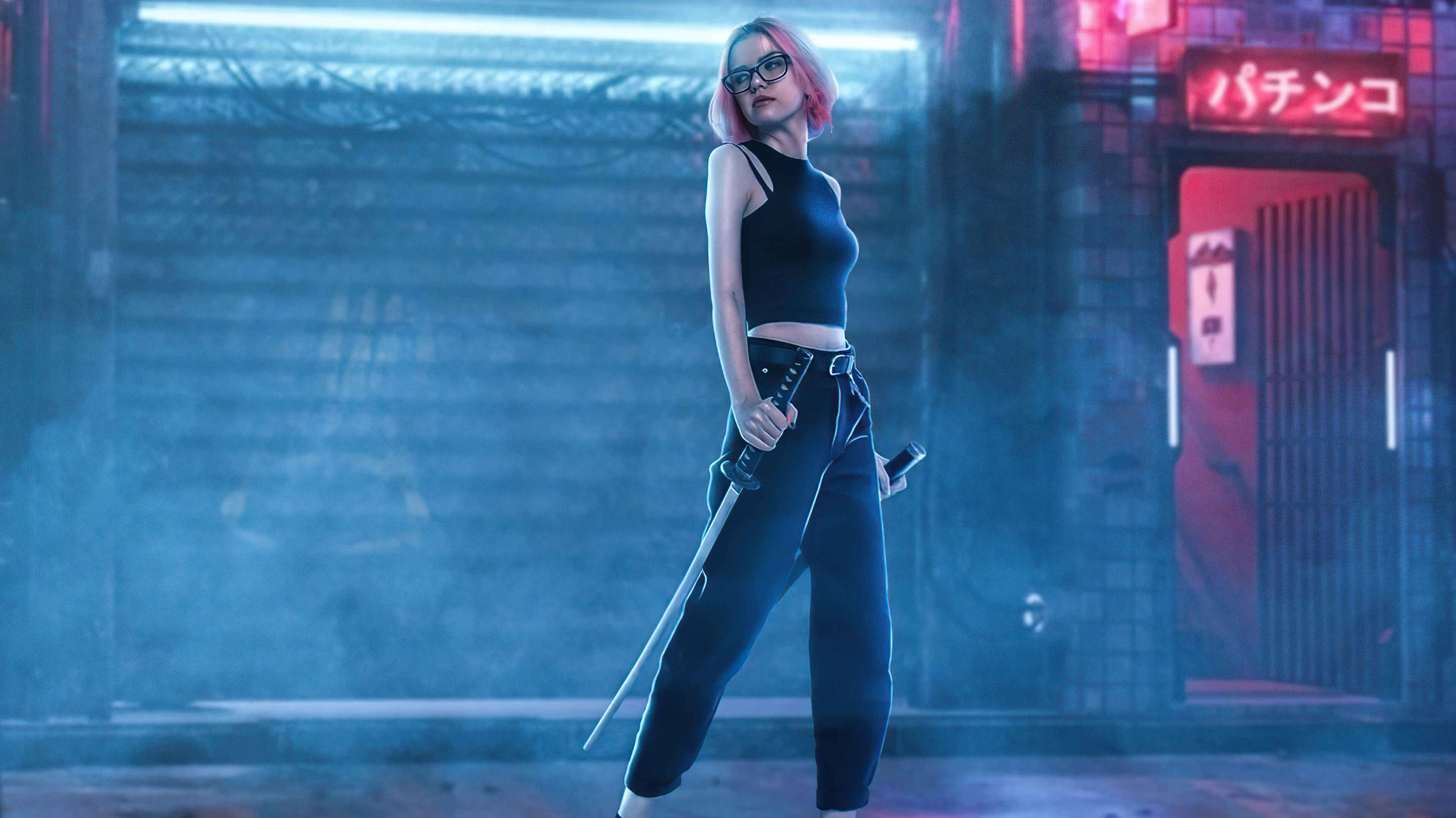 Woman with pink hair holding katanas in a neon city HD Wallpaper